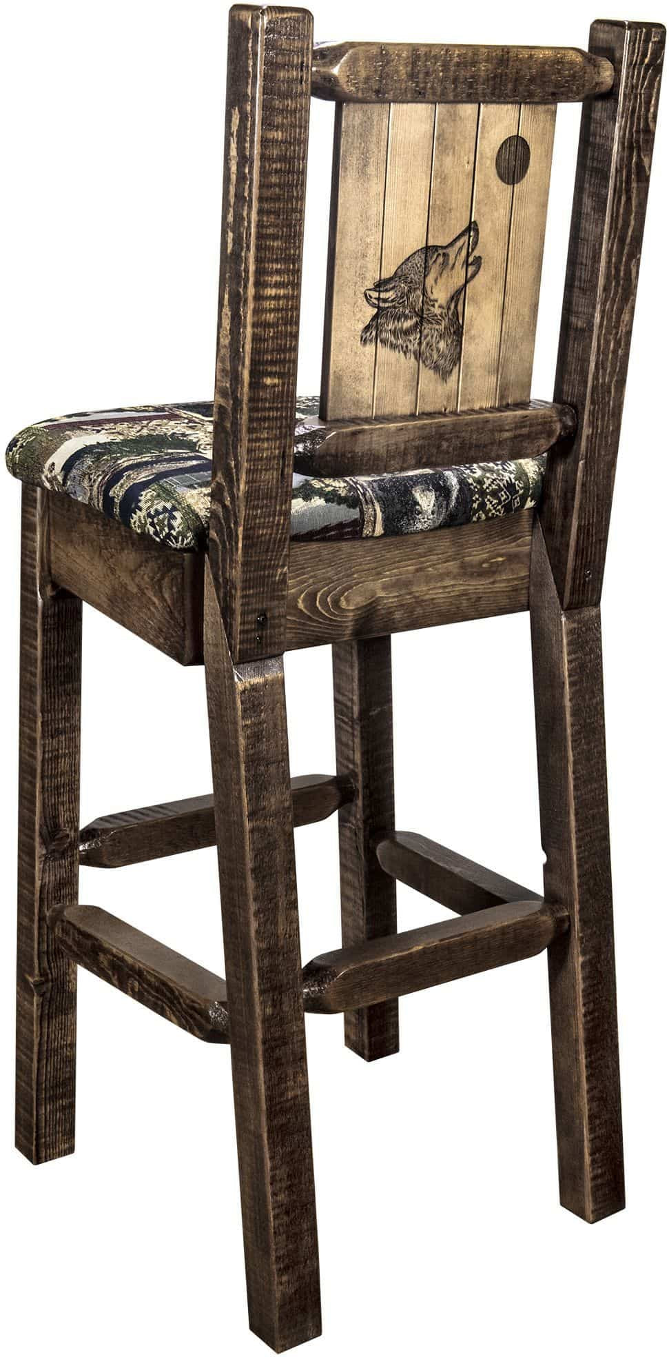 Montana Woodworks Homestead Collection Barstool Woodland Upholstery with Laser Engraved Design - Stain & Lacquer Finish-Rustic Furniture Marketplace