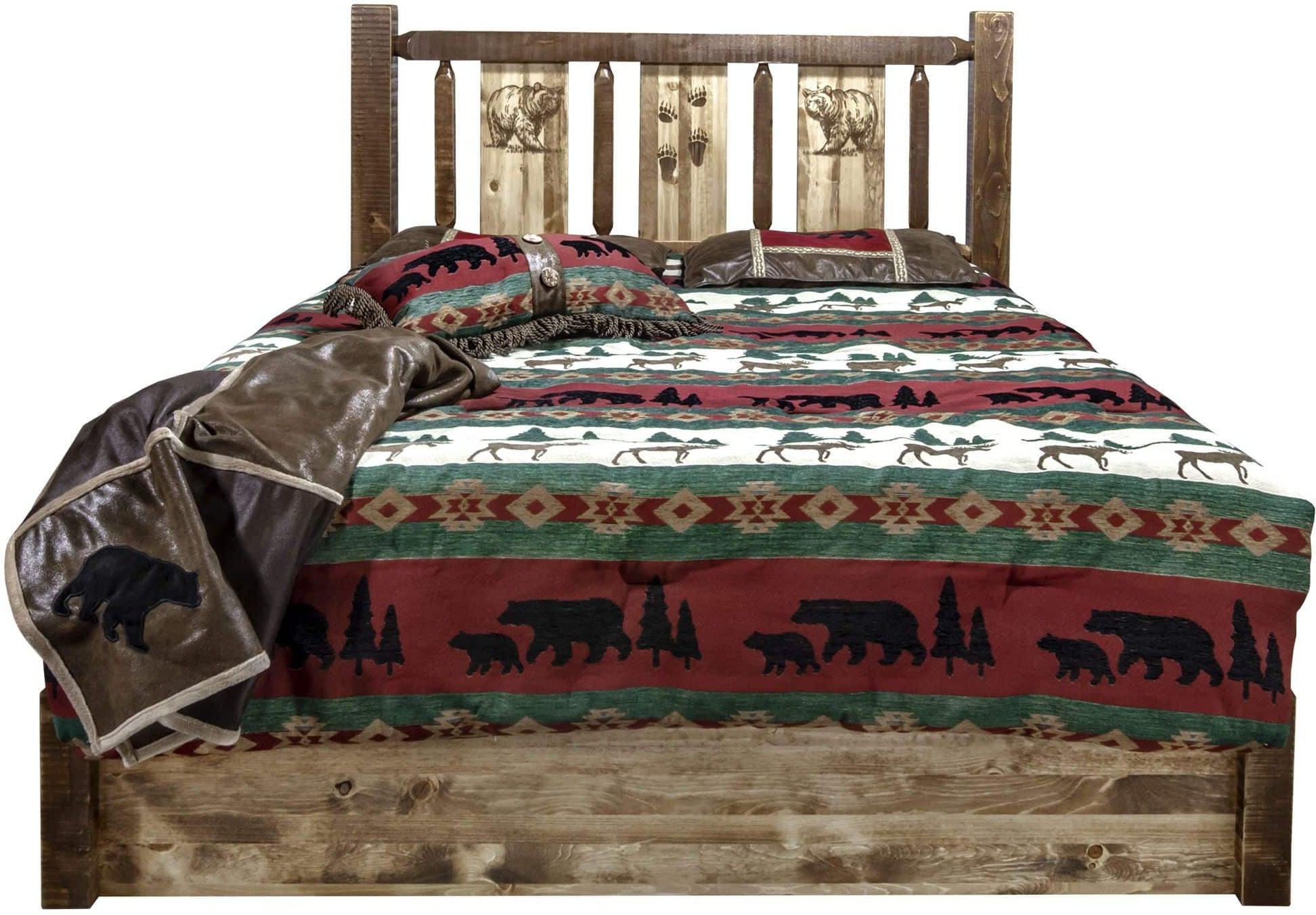 Montana Woodworks Homestead Collection California King Storage Platform Bed with Laser Engraved Design - Stain & Clear Lacquer Finish-Rustic Furniture Marketplace