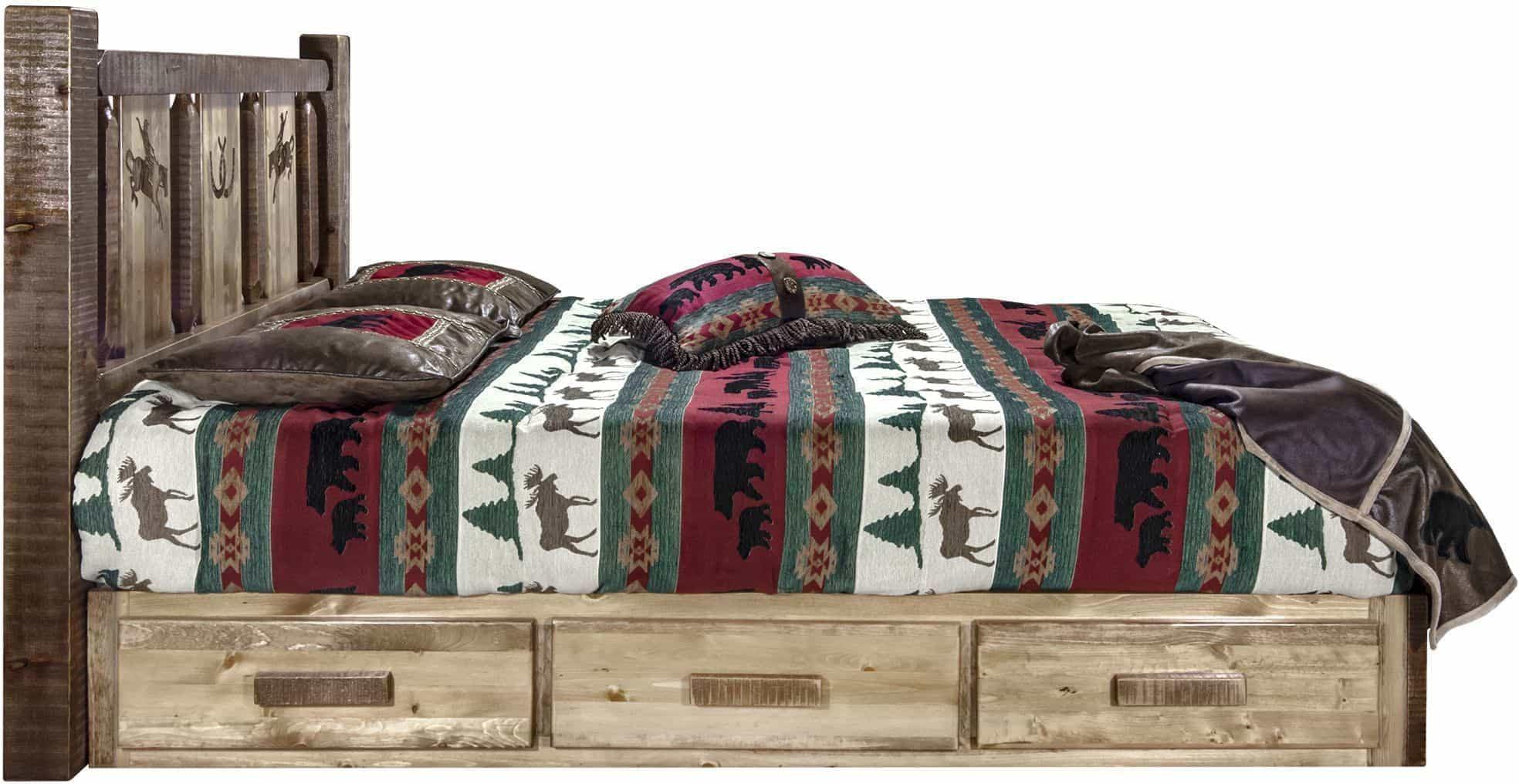 Montana Woodworks Homestead Collection California King Storage Platform Bed with Laser Engraved Design - Stain & Clear Lacquer Finish-Rustic Furniture Marketplace