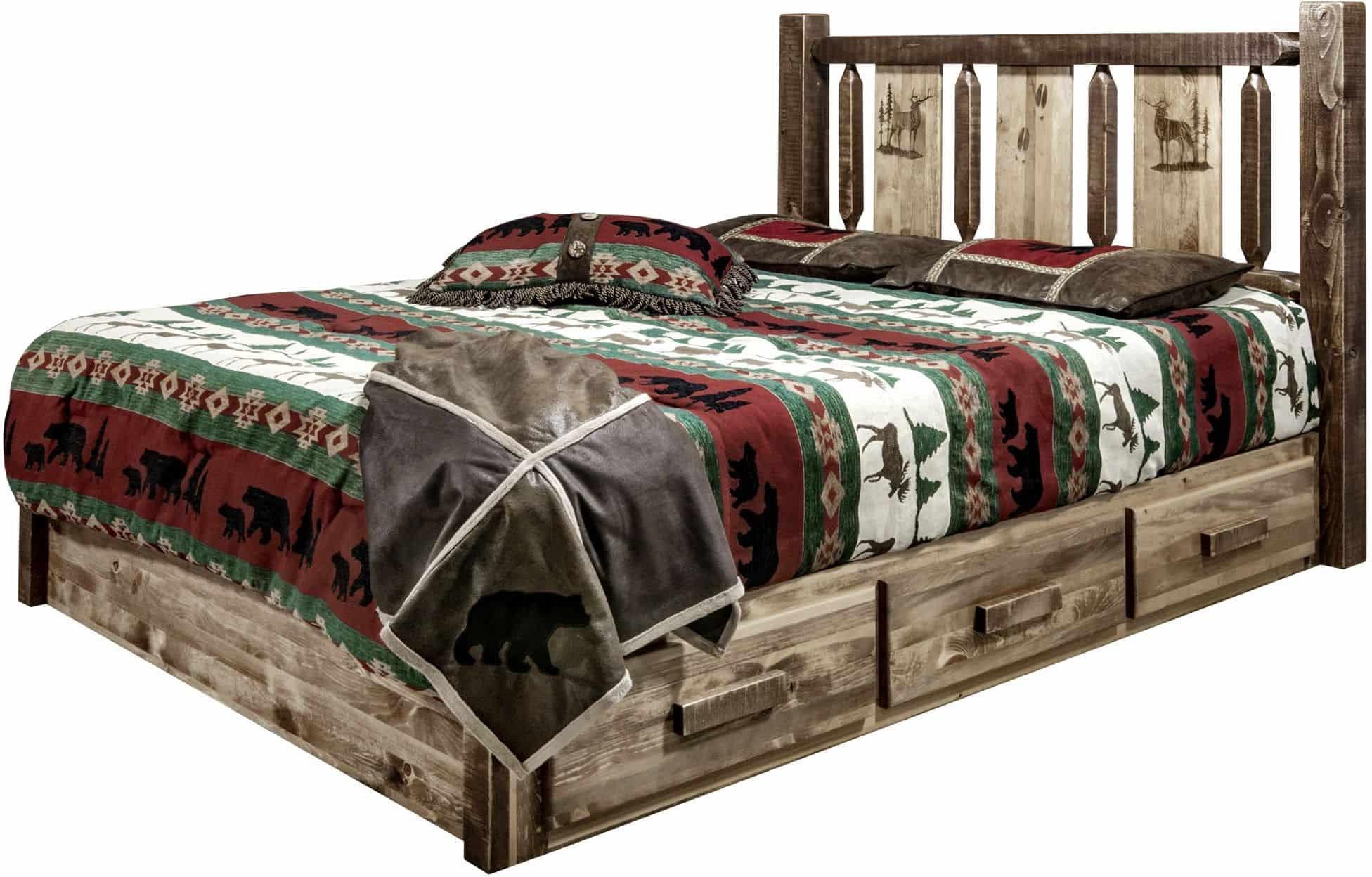 Montana Woodworks Homestead Collection California King Storage Platform Bed with Laser Engraved Design - Stain & Clear Lacquer Finish-Rustic Furniture Marketplace