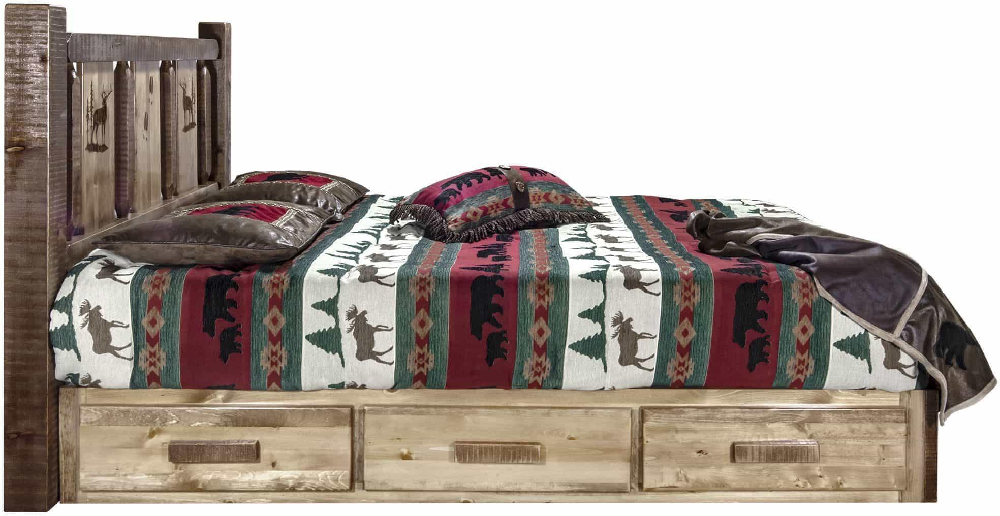 Montana Woodworks Homestead Collection California King Storage Platform Bed with Laser Engraved Design - Stain & Clear Lacquer Finish-Rustic Furniture Marketplace