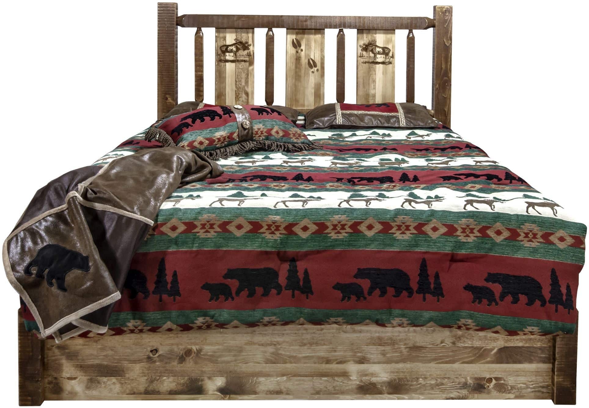 Montana Woodworks Homestead Collection California King Storage Platform Bed with Laser Engraved Design - Stain & Clear Lacquer Finish-Rustic Furniture Marketplace