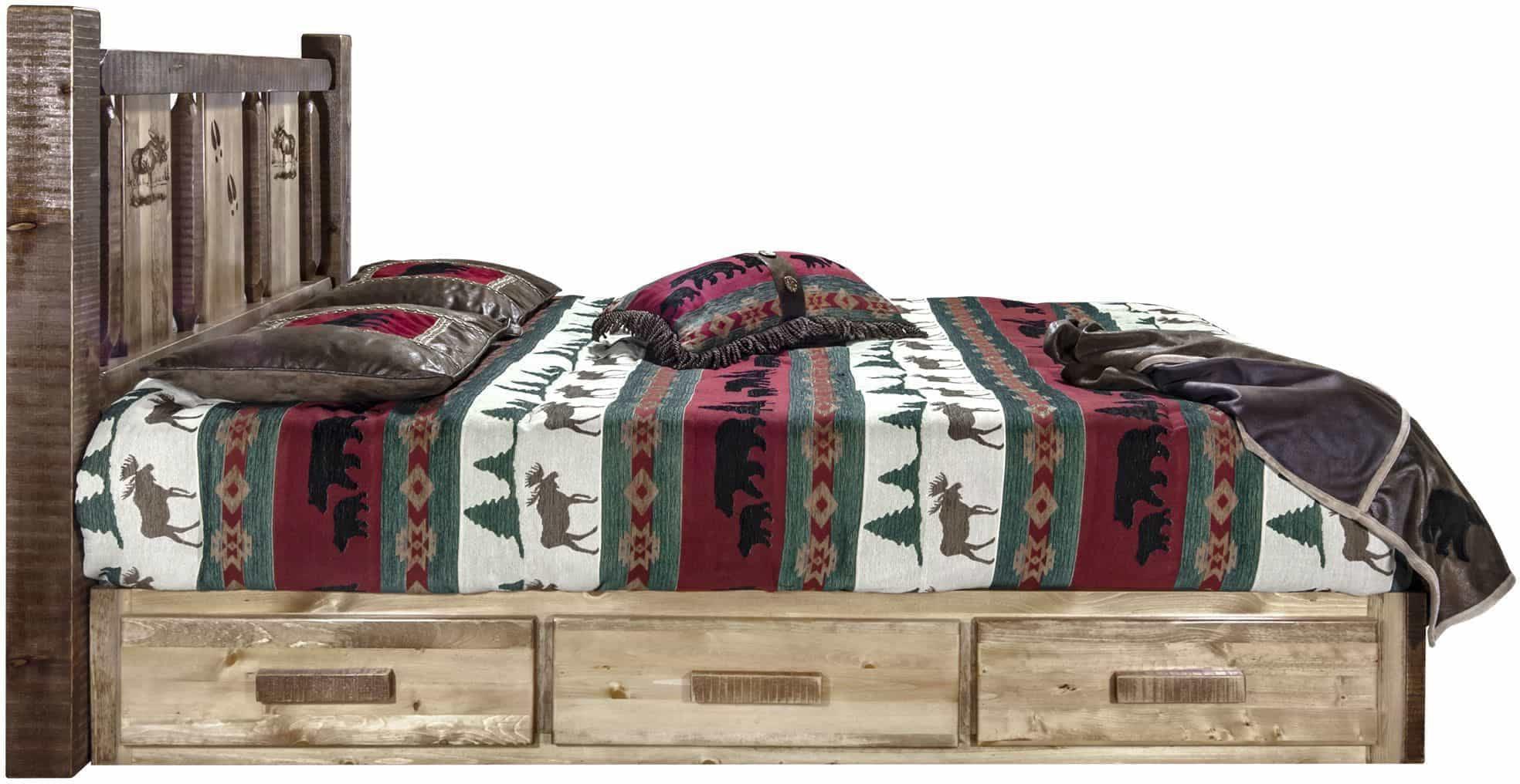 Montana Woodworks Homestead Collection California King Storage Platform Bed with Laser Engraved Design - Stain & Clear Lacquer Finish-Rustic Furniture Marketplace