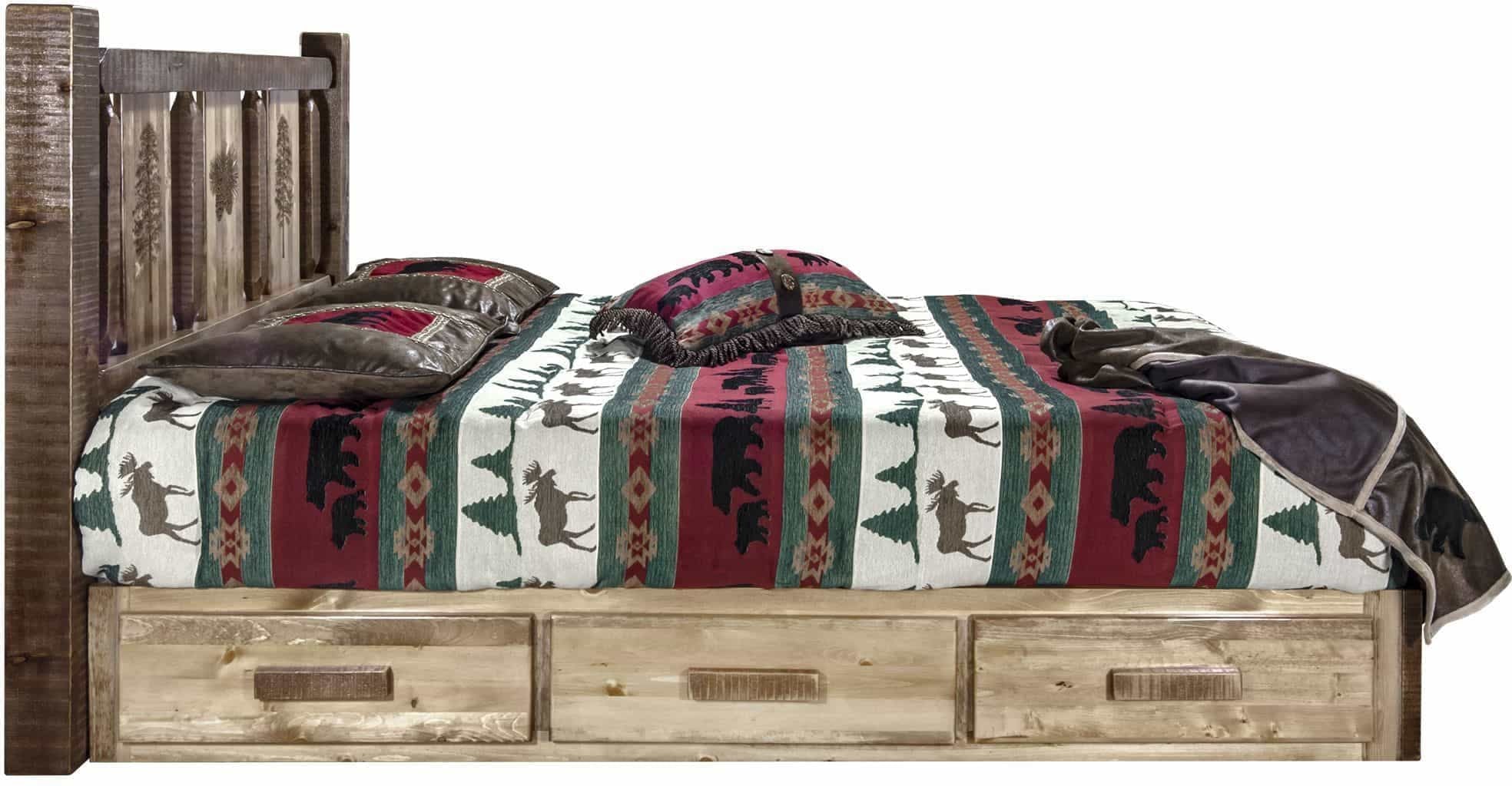 Montana Woodworks Homestead Collection California King Storage Platform Bed with Laser Engraved Design - Stain & Clear Lacquer Finish-Rustic Furniture Marketplace