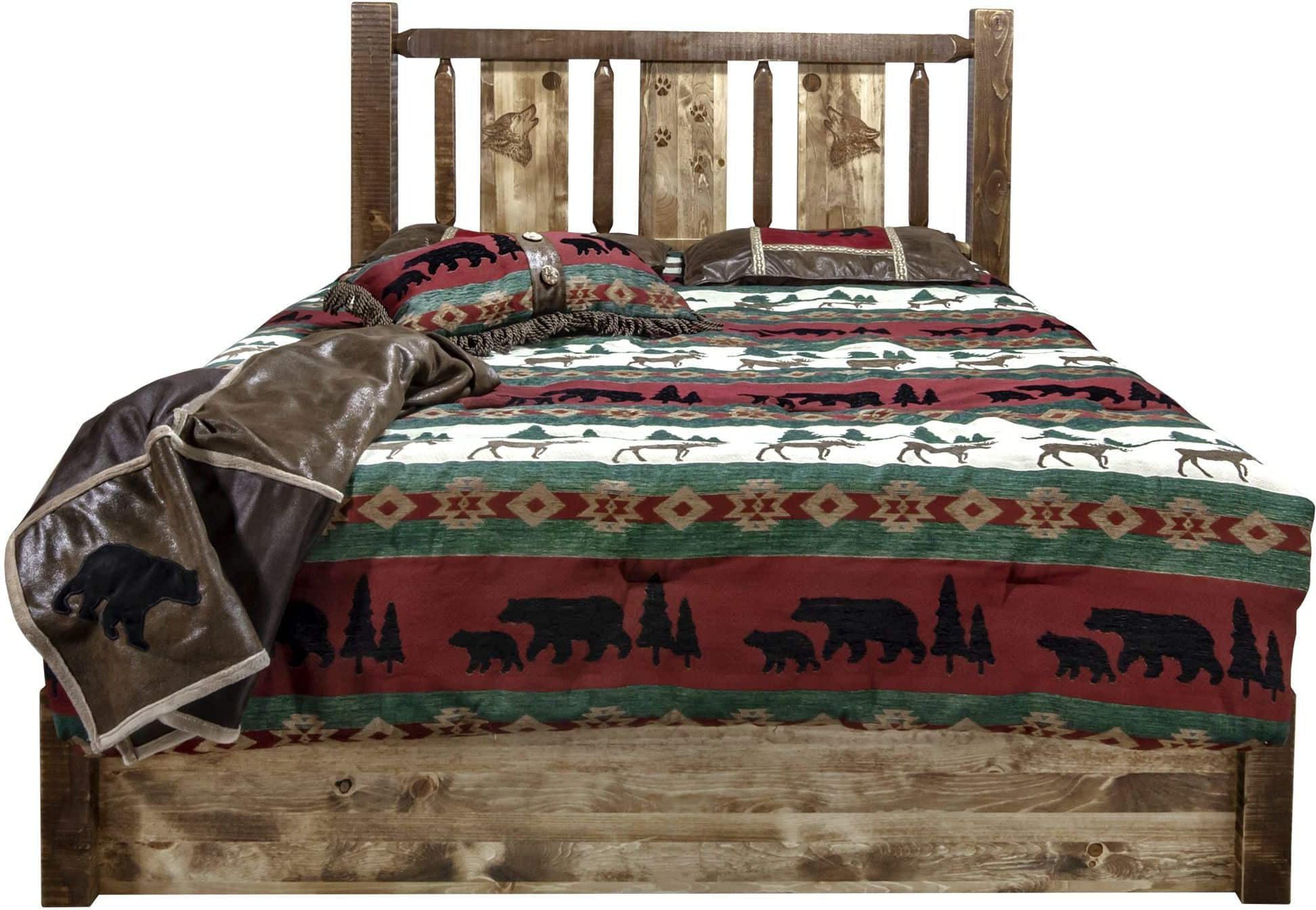 Montana Woodworks Homestead Collection California King Storage Platform Bed with Laser Engraved Design - Stain & Clear Lacquer Finish-Rustic Furniture Marketplace