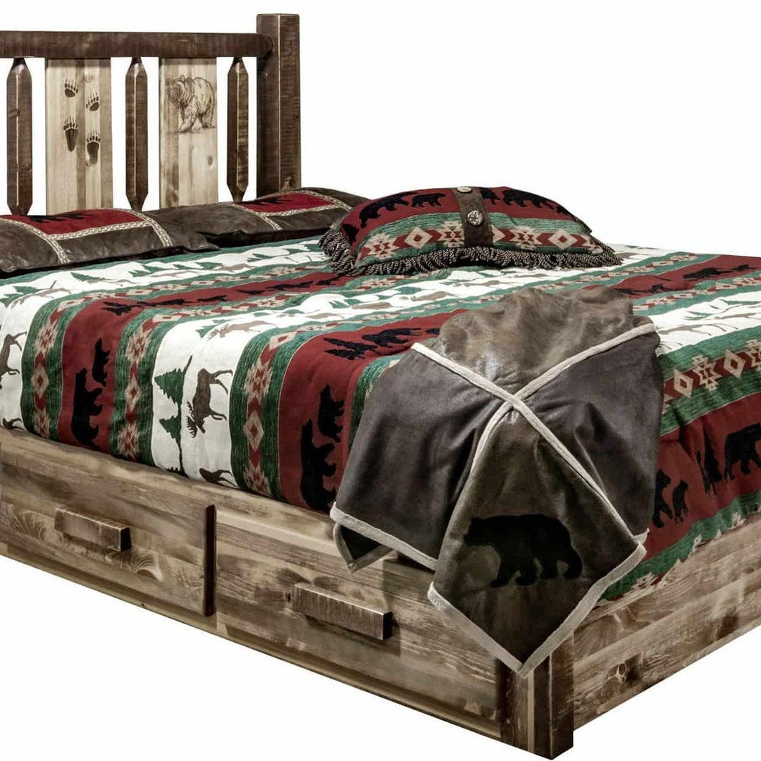Montana Woodworks Homestead Collection California King Storage Platform Bed with Laser Engraved Design - Stain & Clear Lacquer Finish-Rustic Furniture Marketplace
