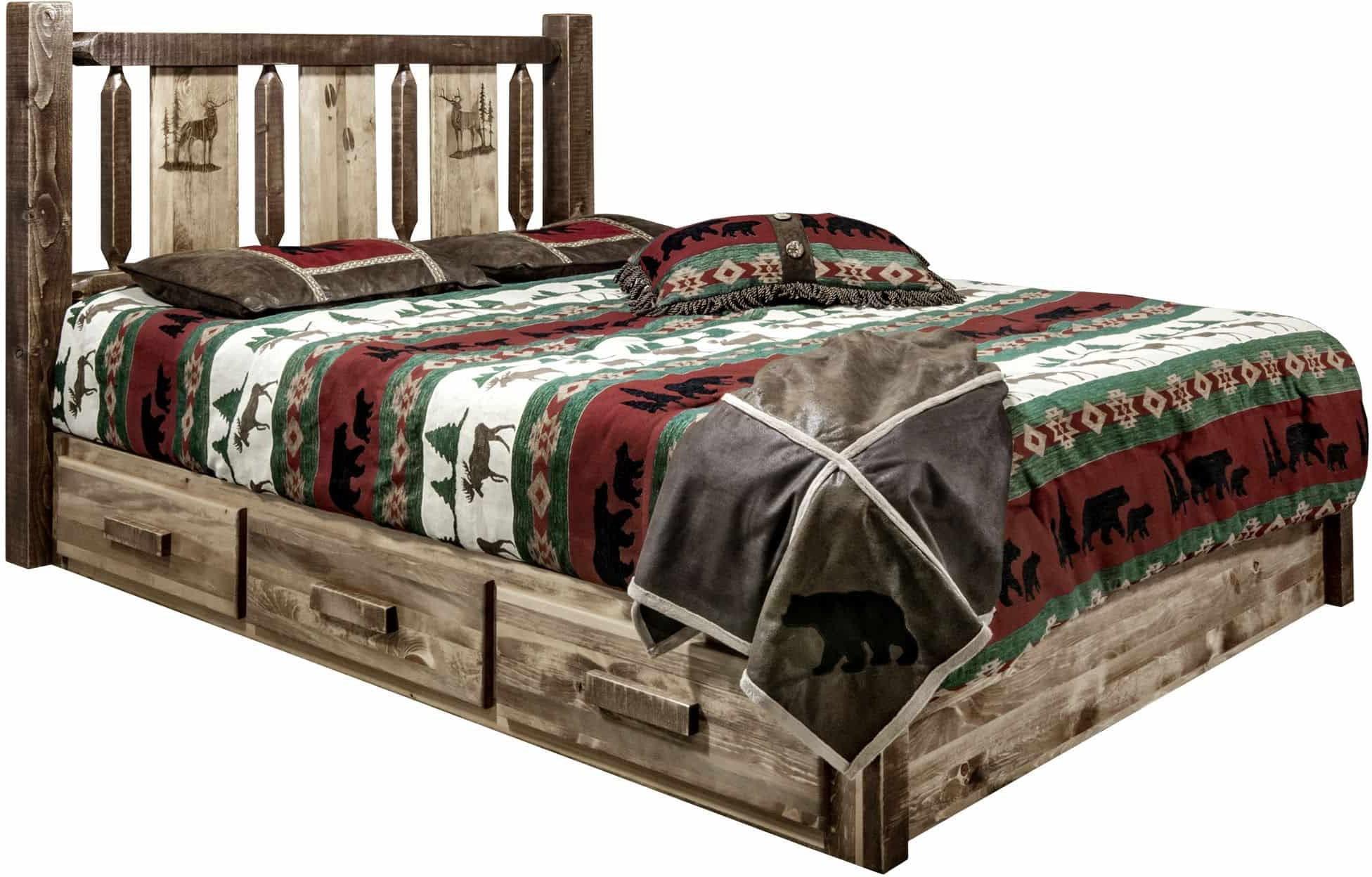 Montana Woodworks Homestead Collection California King Storage Platform Bed with Laser Engraved Design - Stain & Clear Lacquer Finish-Rustic Furniture Marketplace