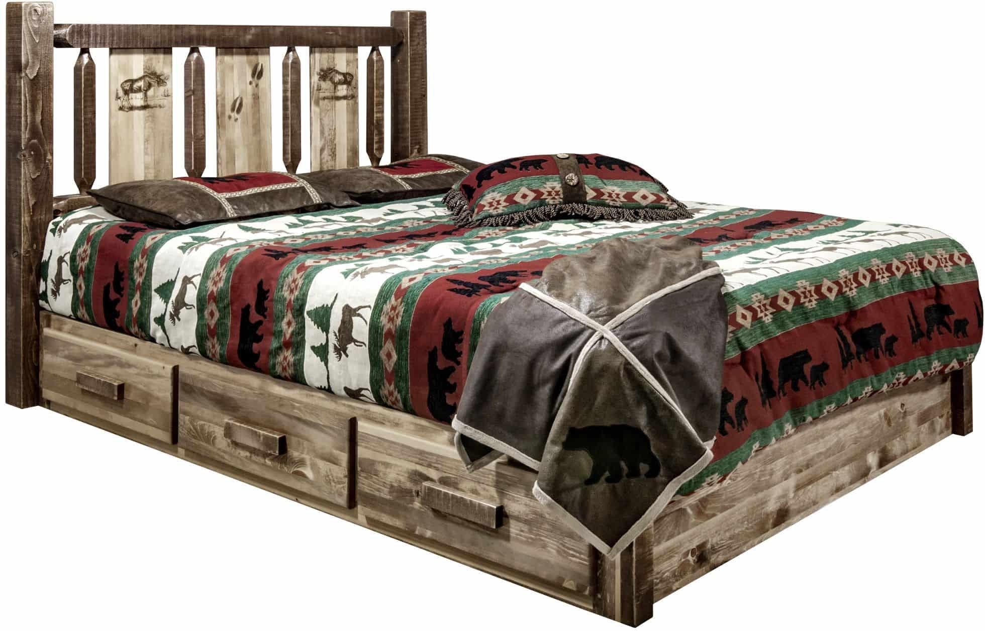 Montana Woodworks Homestead Collection California King Storage Platform Bed with Laser Engraved Design - Stain & Clear Lacquer Finish-Rustic Furniture Marketplace