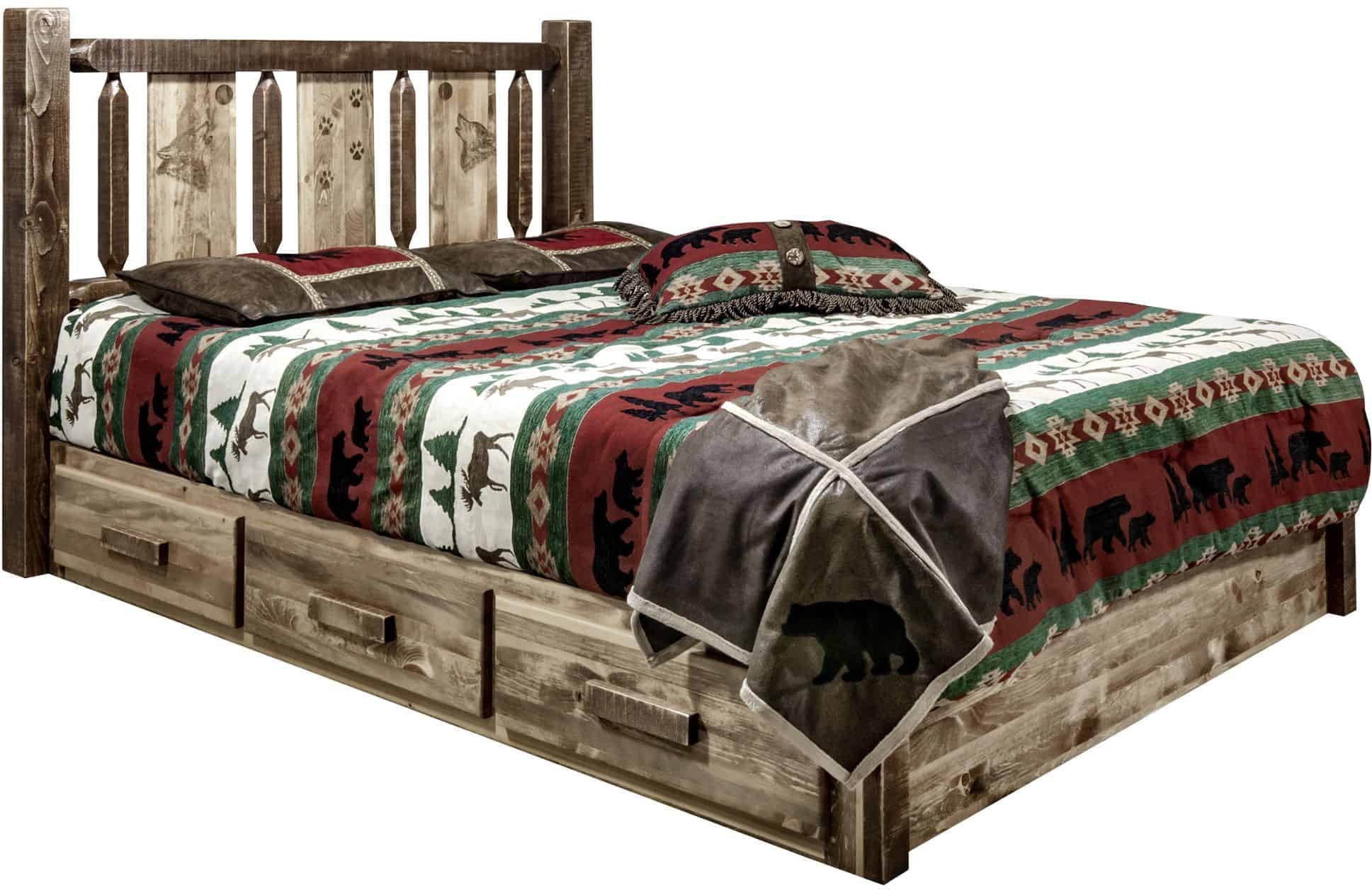 Montana Woodworks Homestead Collection California King Storage Platform Bed with Laser Engraved Design - Stain & Clear Lacquer Finish-Rustic Furniture Marketplace