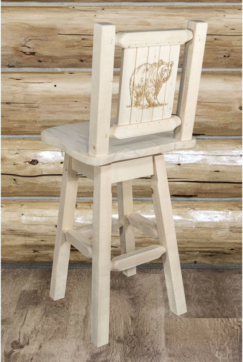 Montana Woodworks Homestead Collection Counter Height Barstool with Back & Swivel and Laser Engraved Design - Clear Lacquer Finish-Rustic Furniture Marketplace