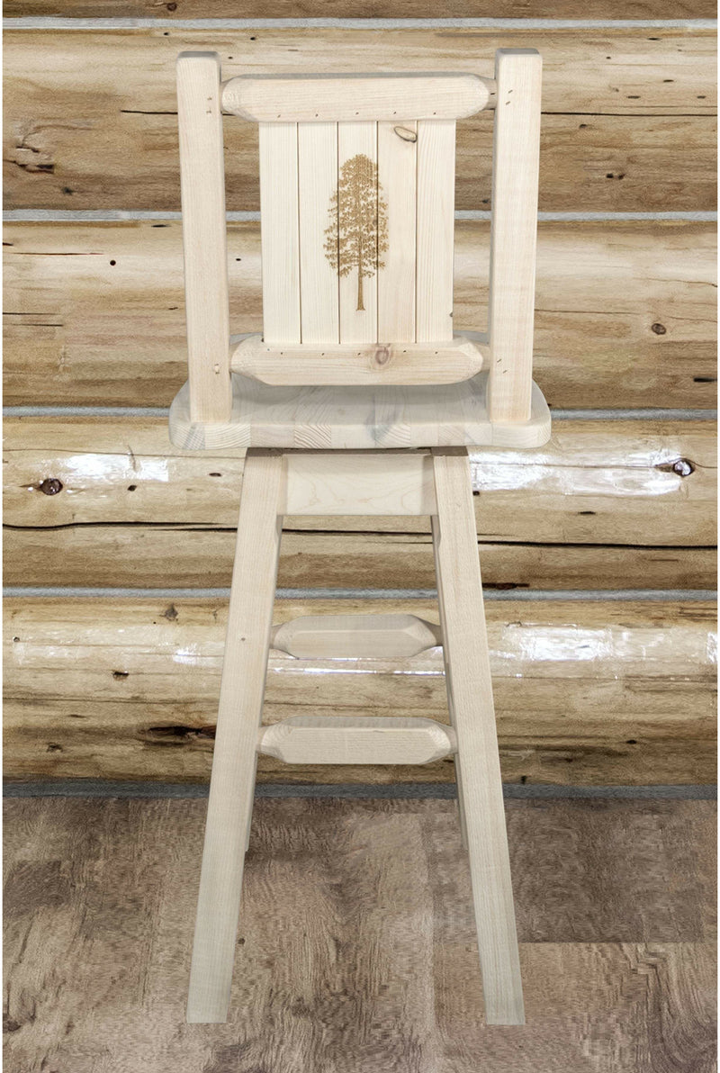Montana Woodworks Homestead Collection Counter Height Barstool with Back & Swivel and Laser Engraved Design - Clear Lacquer Finish-Rustic Furniture Marketplace
