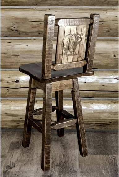 Montana Woodworks Homestead Collection Counter Height Barstool with Back & Swivel and Laser Engraved Design - Stain & Lacquer Finish-Rustic Furniture Marketplace