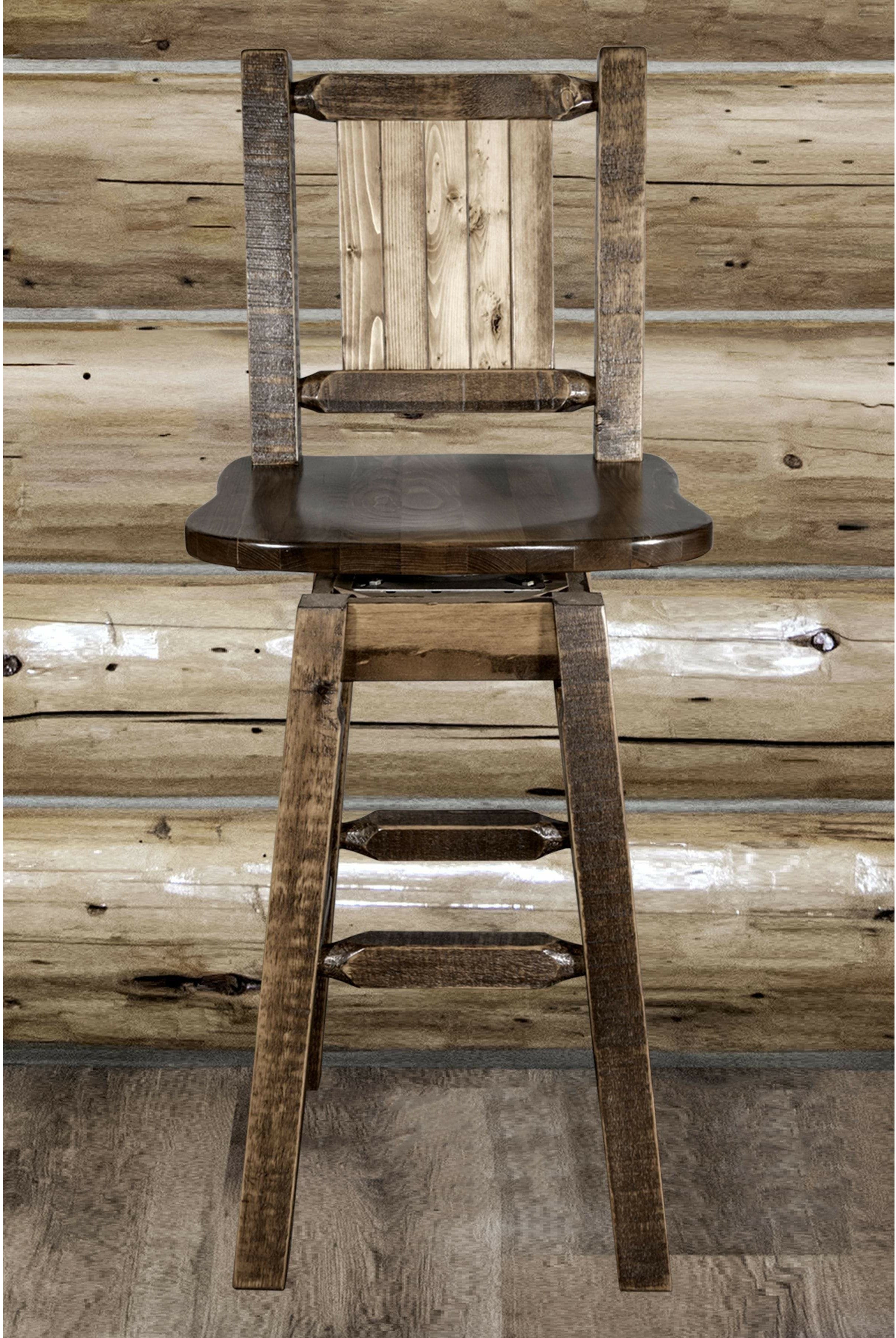 Montana Woodworks Homestead Collection Counter Height Barstool with Back & Swivel and Laser Engraved Design - Stain & Lacquer Finish-Rustic Furniture Marketplace