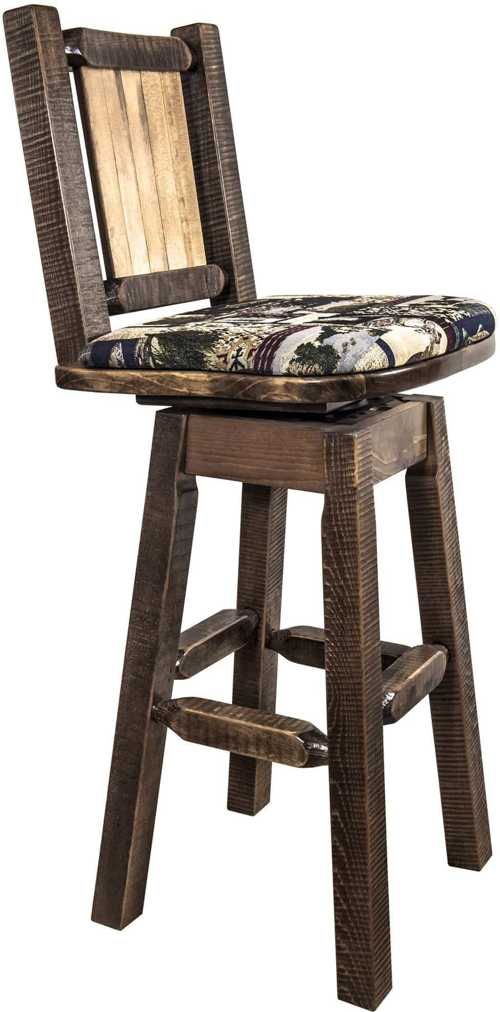 Montana Woodworks Homestead Collection Counter Height Barstool Woodland Upholstery with Laser Engraved Design - Stain & Lacquer Finish-Rustic Furniture Marketplace