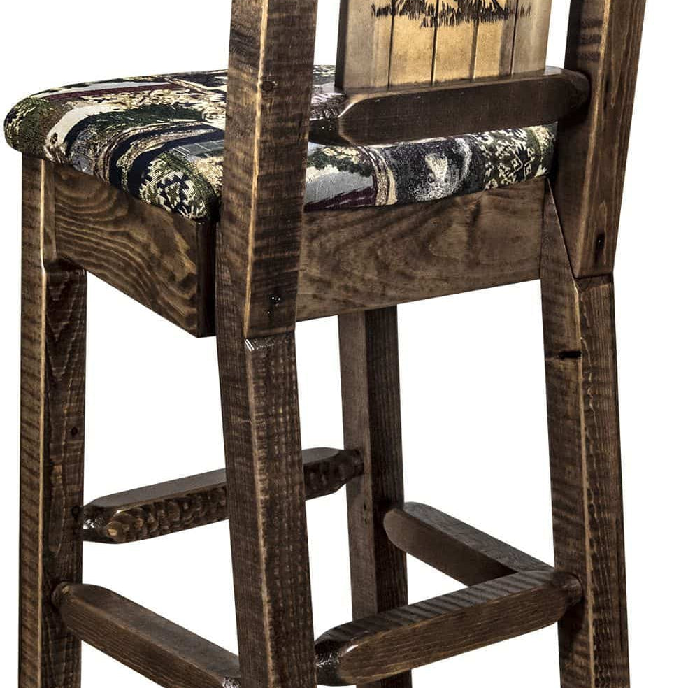 Montana Woodworks Homestead Collection Counter Height Barstool Woodland Upholstery with Laser Engraved Design - Stain & Lacquer Finish-Rustic Furniture Marketplace