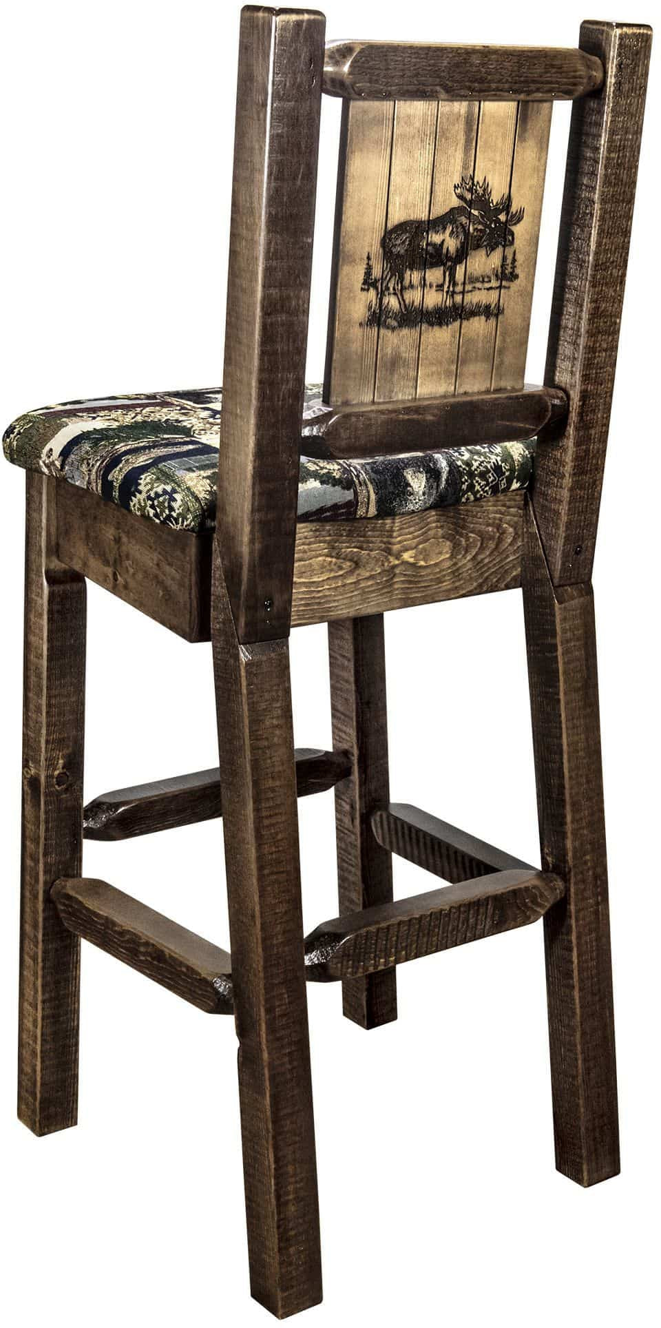 Montana Woodworks Homestead Collection Counter Height Barstool Woodland Upholstery with Laser Engraved Design - Stain & Lacquer Finish-Rustic Furniture Marketplace