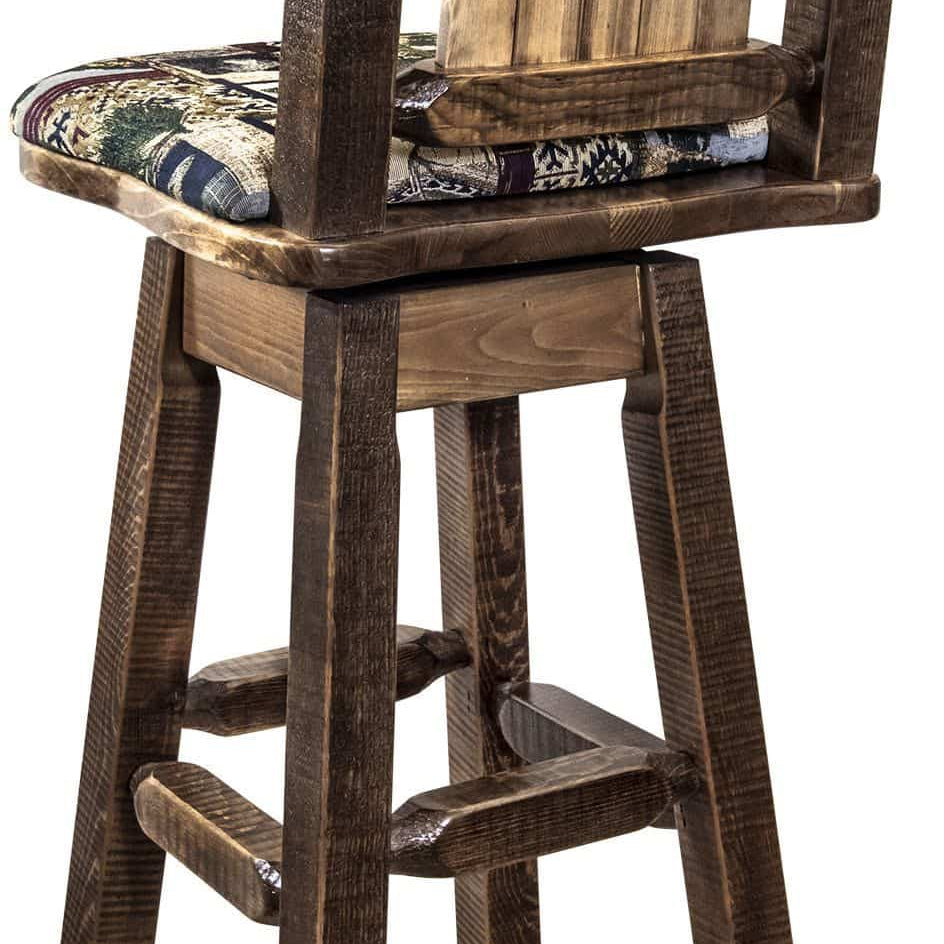 Montana Woodworks Homestead Collection Counter Height Barstool Woodland Upholstery with Laser Engraved Design - Stain & Lacquer Finish-Rustic Furniture Marketplace
