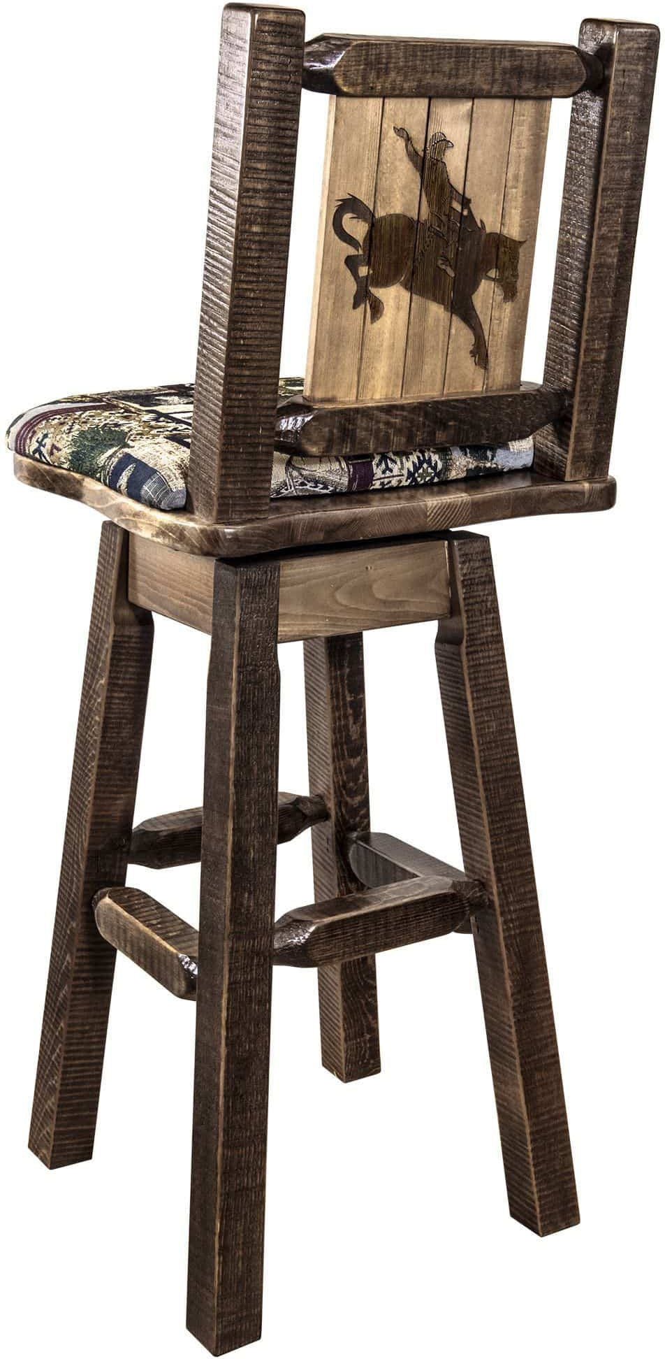 Montana Woodworks Homestead Collection Counter Height Barstool Woodland Upholstery with Laser Engraved Design - Stain & Lacquer Finish-Rustic Furniture Marketplace