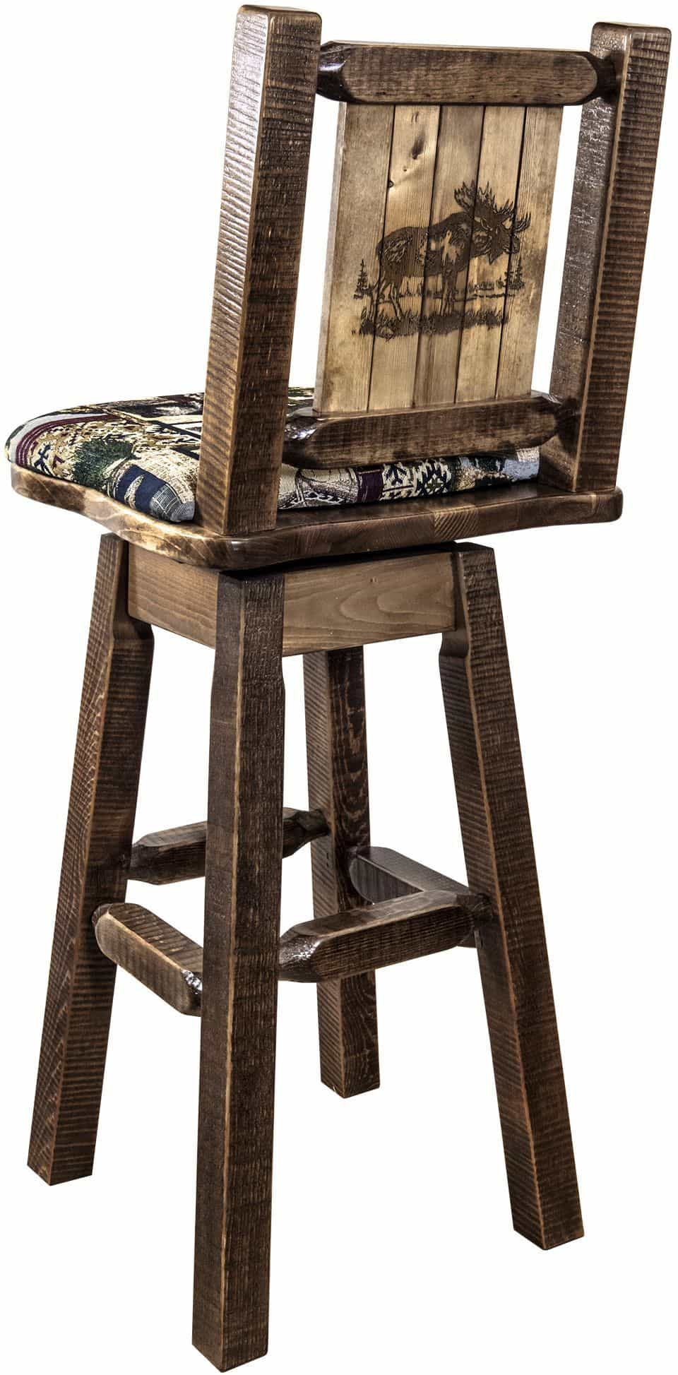 Montana Woodworks Homestead Collection Counter Height Barstool Woodland Upholstery with Laser Engraved Design - Stain & Lacquer Finish-Rustic Furniture Marketplace