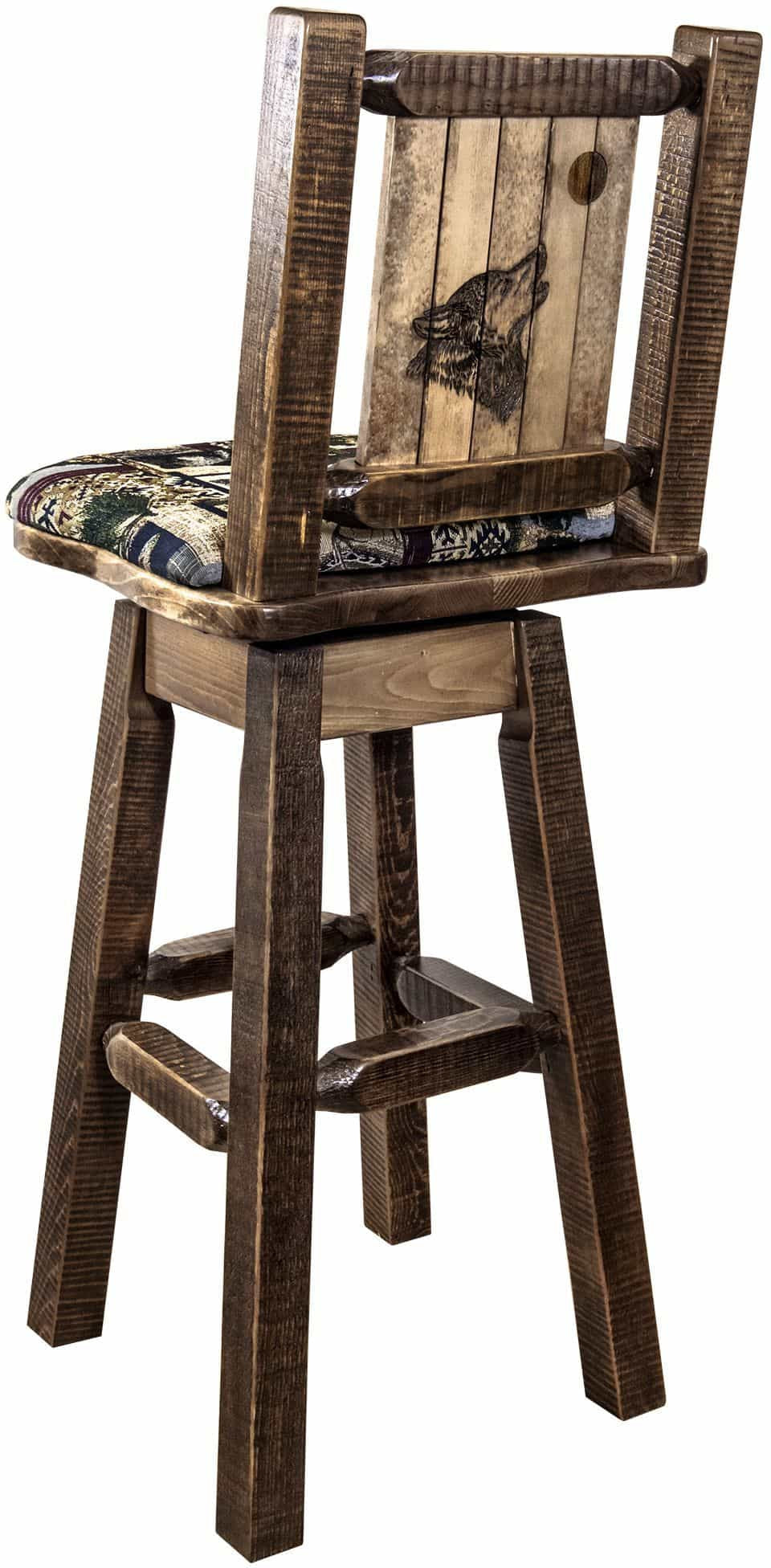 Montana Woodworks Homestead Collection Counter Height Barstool Woodland Upholstery with Laser Engraved Design - Stain & Lacquer Finish-Rustic Furniture Marketplace