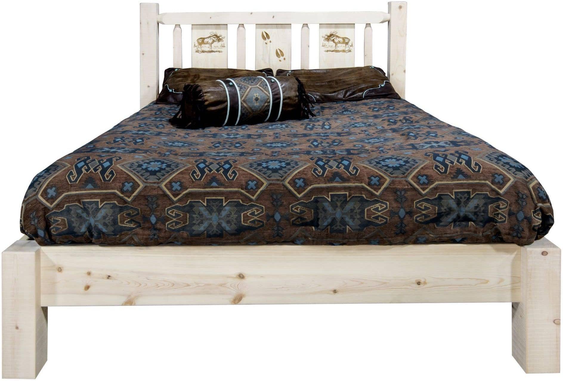 Montana Woodworks Homestead Collection Full Platform Bed with Laser Engraved Design - Clear Lacquer Finish-Rustic Furniture Marketplace