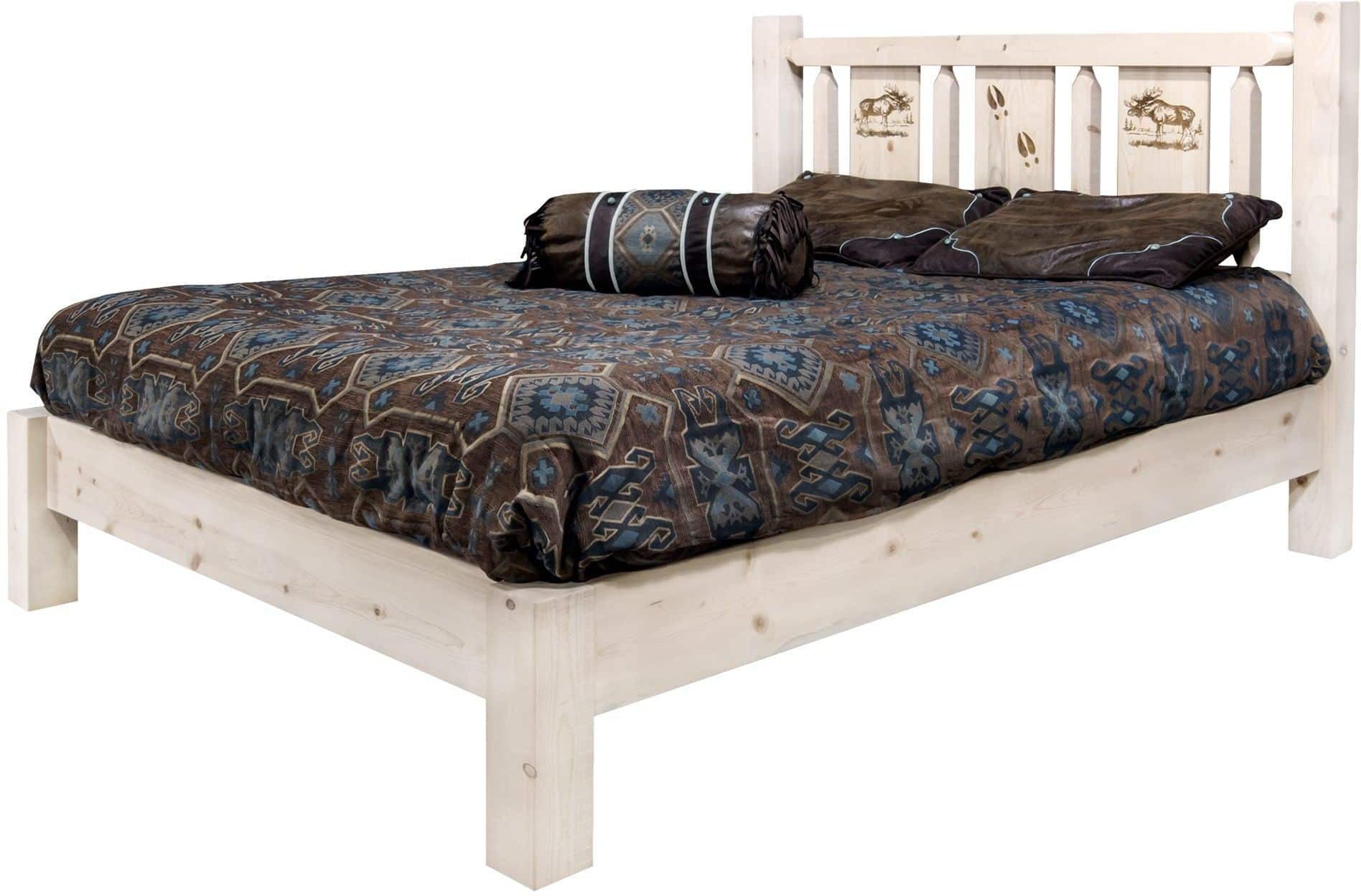 Montana Woodworks Homestead Collection Full Platform Bed with Laser Engraved Design - Clear Lacquer Finish-Rustic Furniture Marketplace