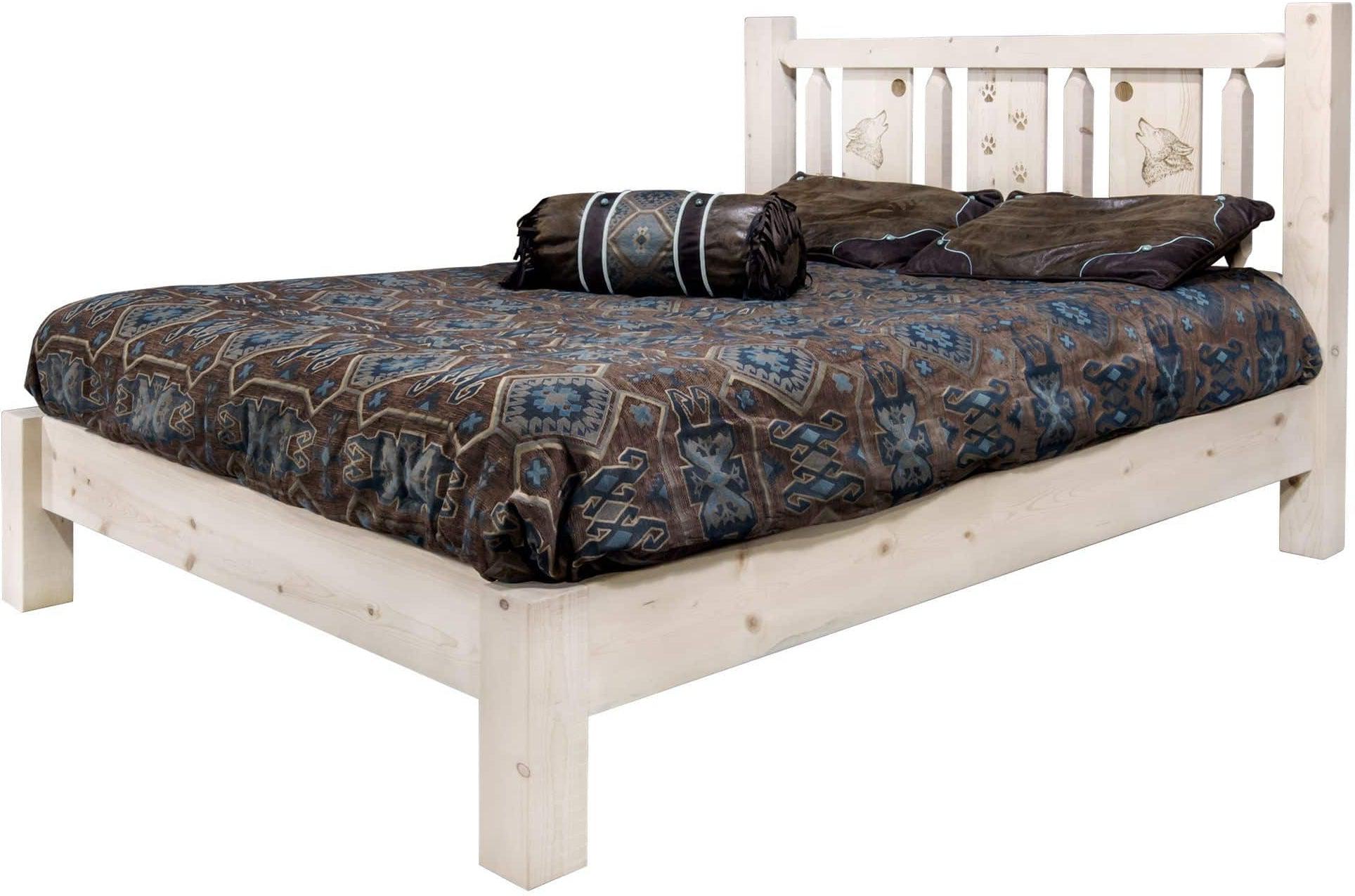Montana Woodworks Homestead Collection Full Platform Bed with Laser Engraved Design - Clear Lacquer Finish-Rustic Furniture Marketplace