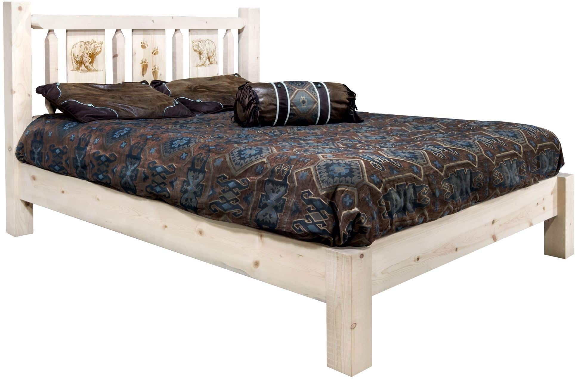 Montana Woodworks Homestead Collection Full Platform Bed with Laser Engraved Design - Clear Lacquer Finish-Rustic Furniture Marketplace