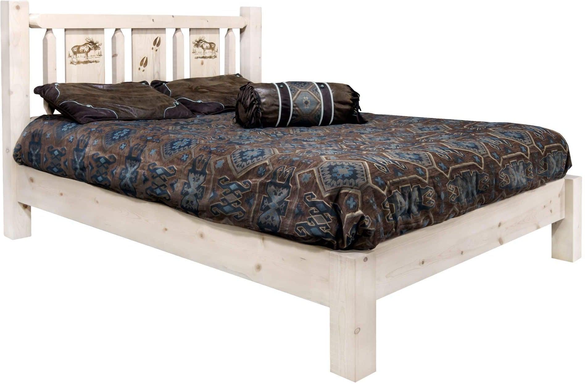 Montana Woodworks Homestead Collection Full Platform Bed with Laser Engraved Design - Clear Lacquer Finish-Rustic Furniture Marketplace