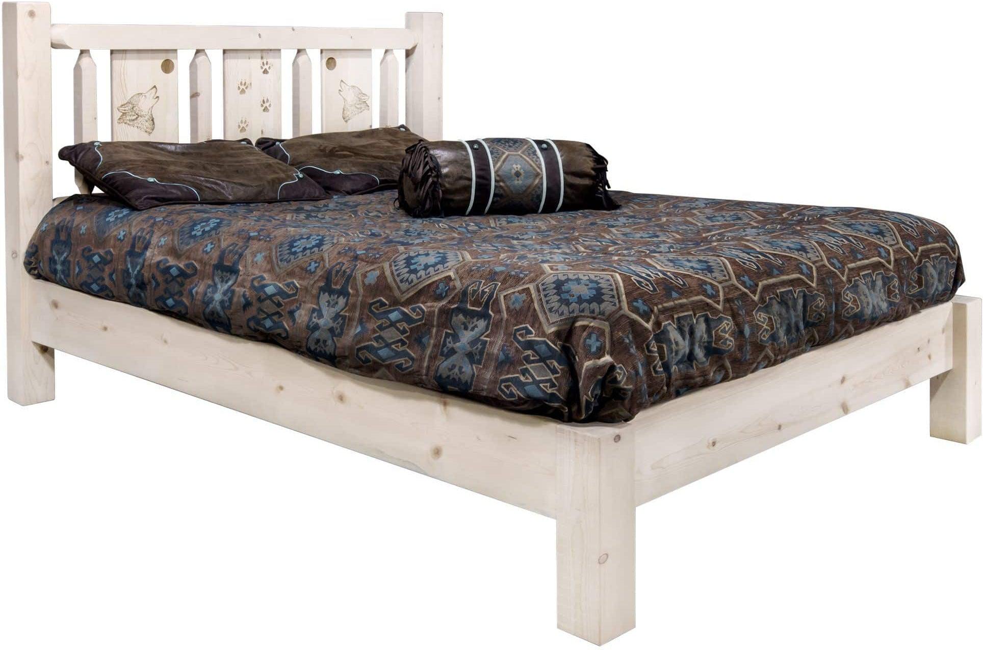 Montana Woodworks Homestead Collection Full Platform Bed with Laser Engraved Design - Clear Lacquer Finish-Rustic Furniture Marketplace