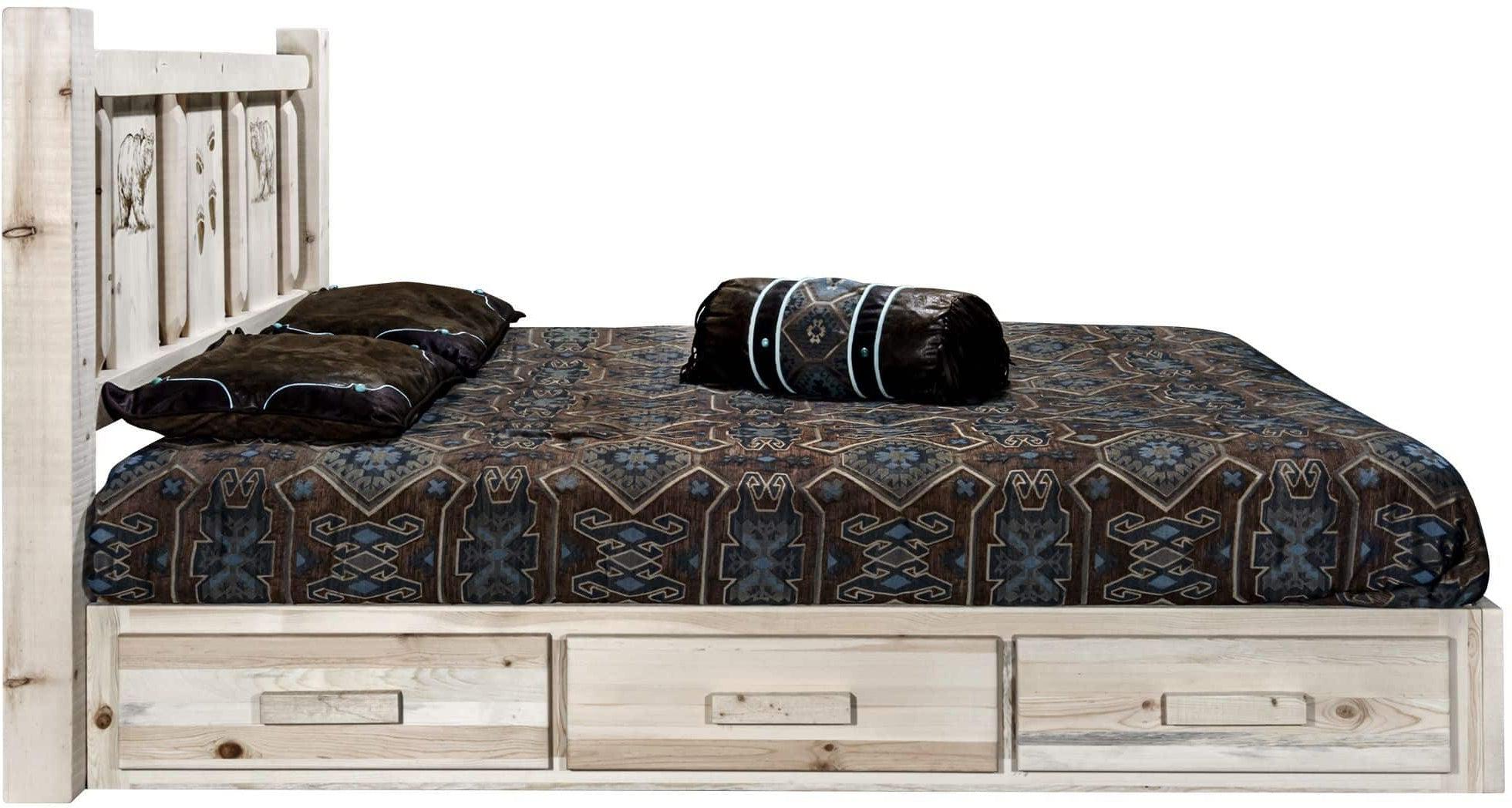 Montana Woodworks Homestead Collection Full Storage Platform Bed with Laser Engraved Design - Clear Lacquer Finish-Rustic Furniture Marketplace