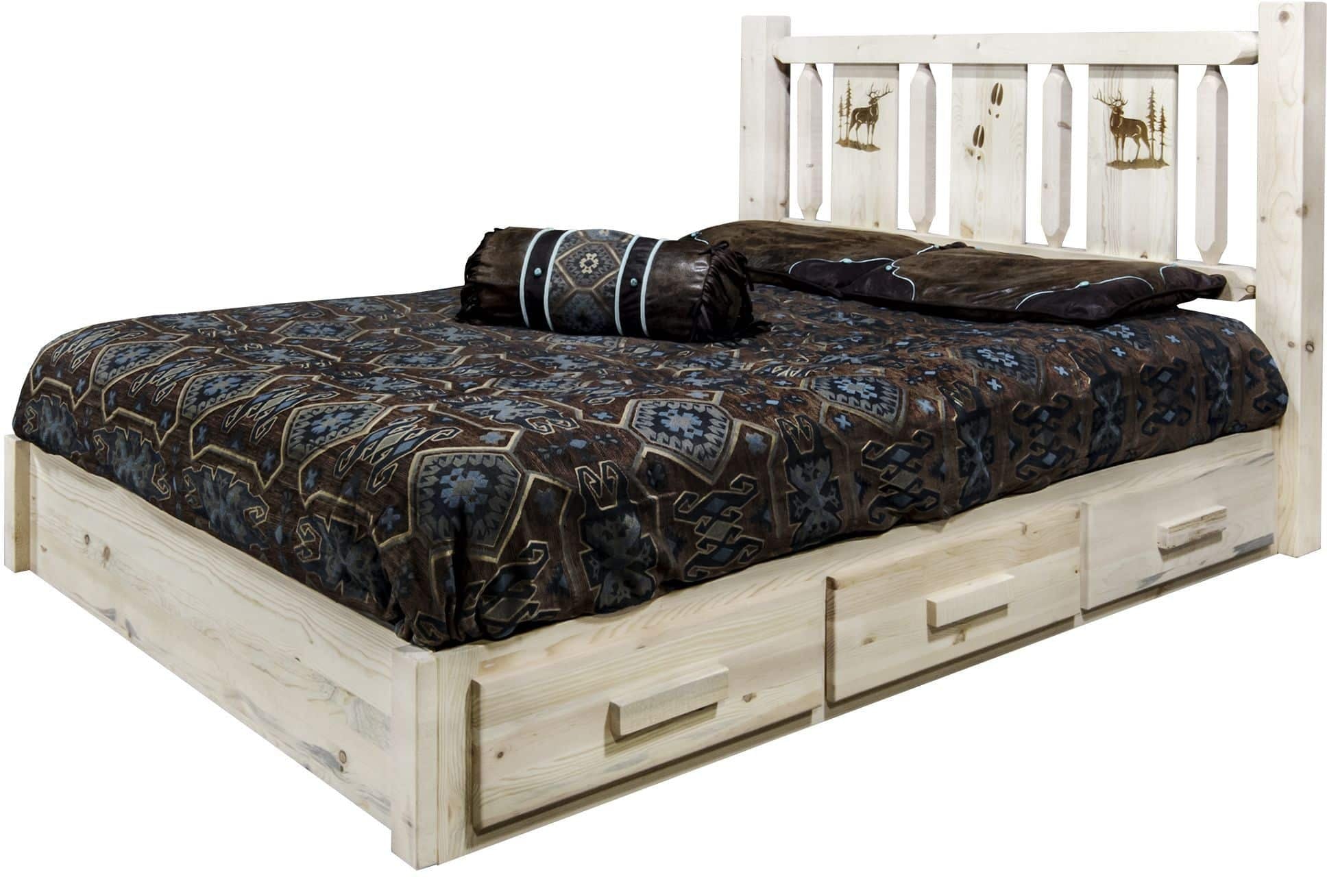 Montana Woodworks Homestead Collection Full Storage Platform Bed with Laser Engraved Design - Clear Lacquer Finish-Rustic Furniture Marketplace
