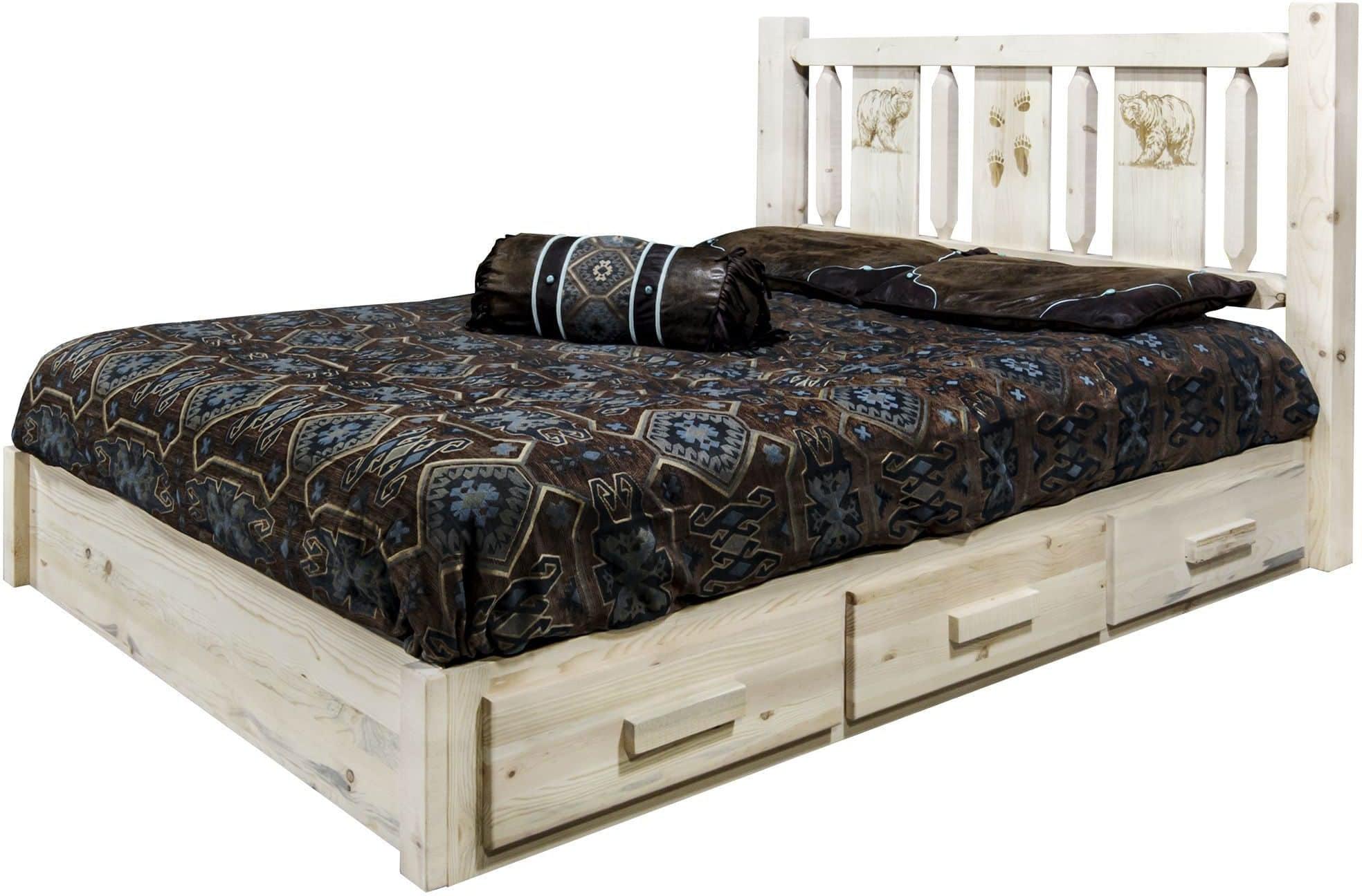 Montana Woodworks Homestead Collection Full Storage Platform Bed with Laser Engraved Design - Clear Lacquer Finish-Rustic Furniture Marketplace