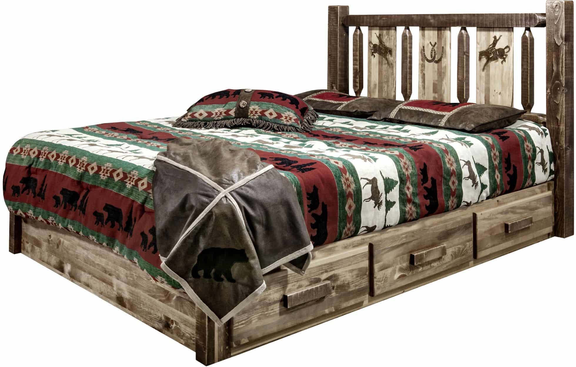 Montana Woodworks Full Storage Platform Bed with Laser Engraved Design-Rustic Furniture Marketplace