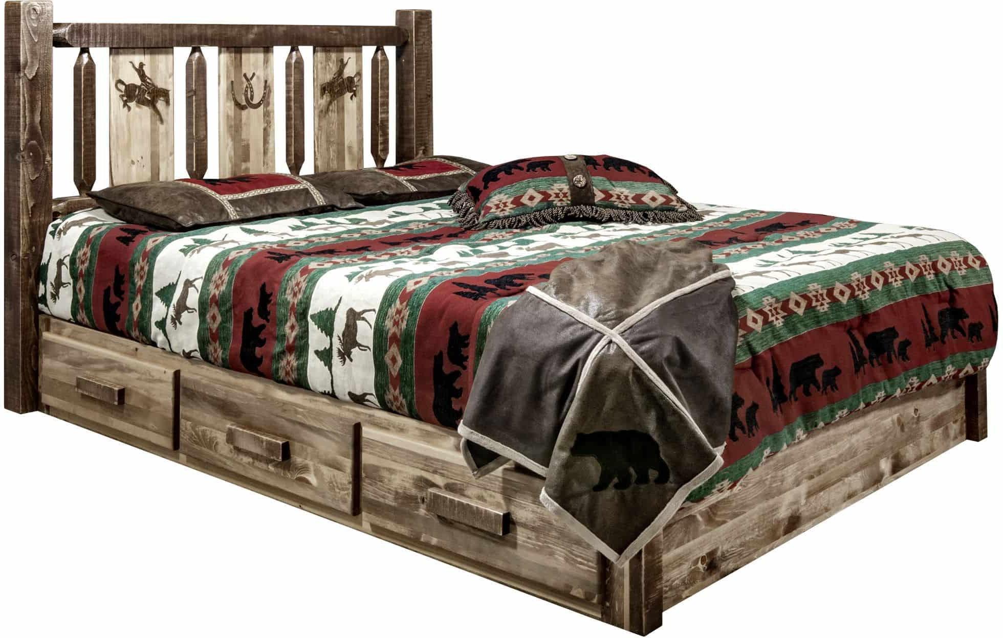 Montana Woodworks Full Storage Platform Bed with Laser Engraved Design-Rustic Furniture Marketplace