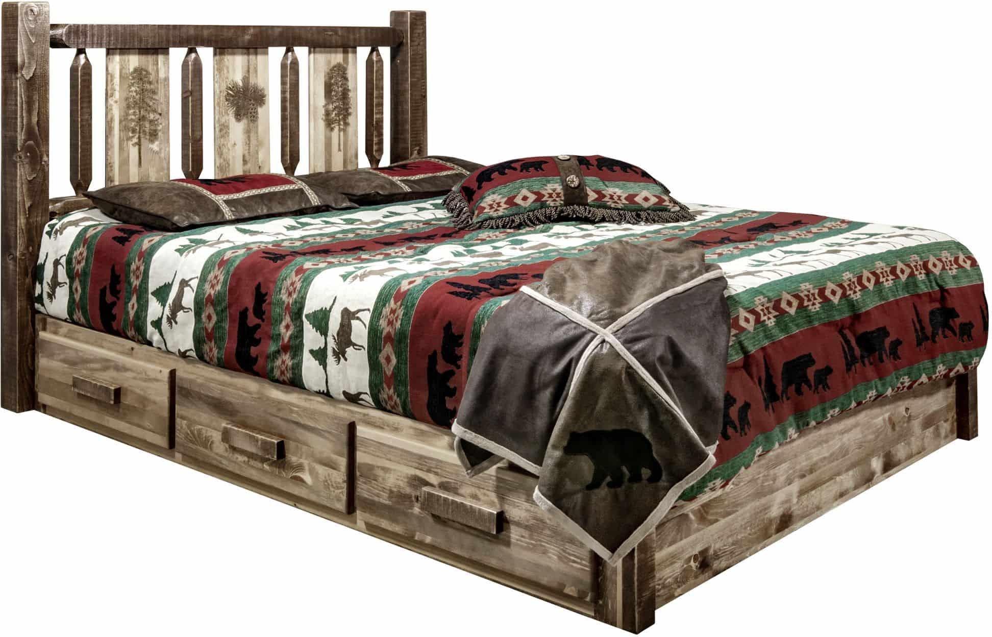 Montana Woodworks Full Storage Platform Bed with Laser Engraved Design-Rustic Furniture Marketplace