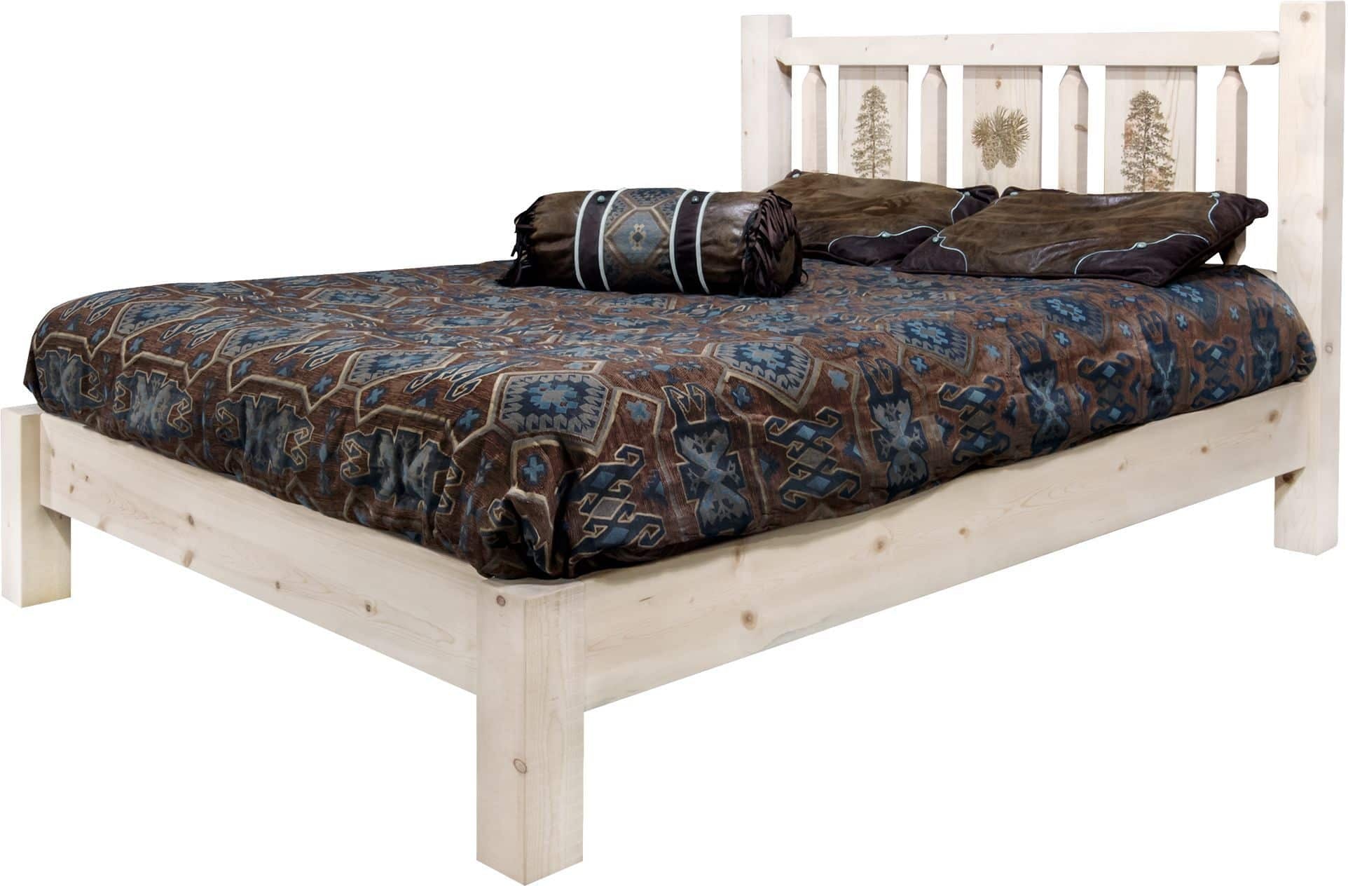 Montana Woodworks Homestead Collection King Platform Bed with Laser Engraved Design - Clear Lacquer Finish-Rustic Furniture Marketplace