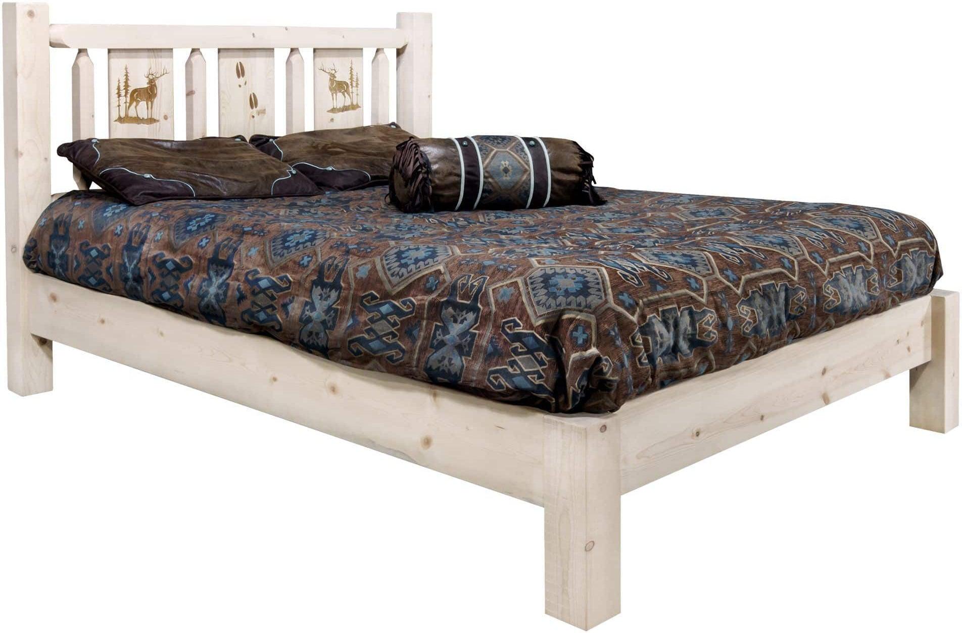 Montana Woodworks Homestead Collection King Platform Bed with Laser Engraved Design - Clear Lacquer Finish-Rustic Furniture Marketplace