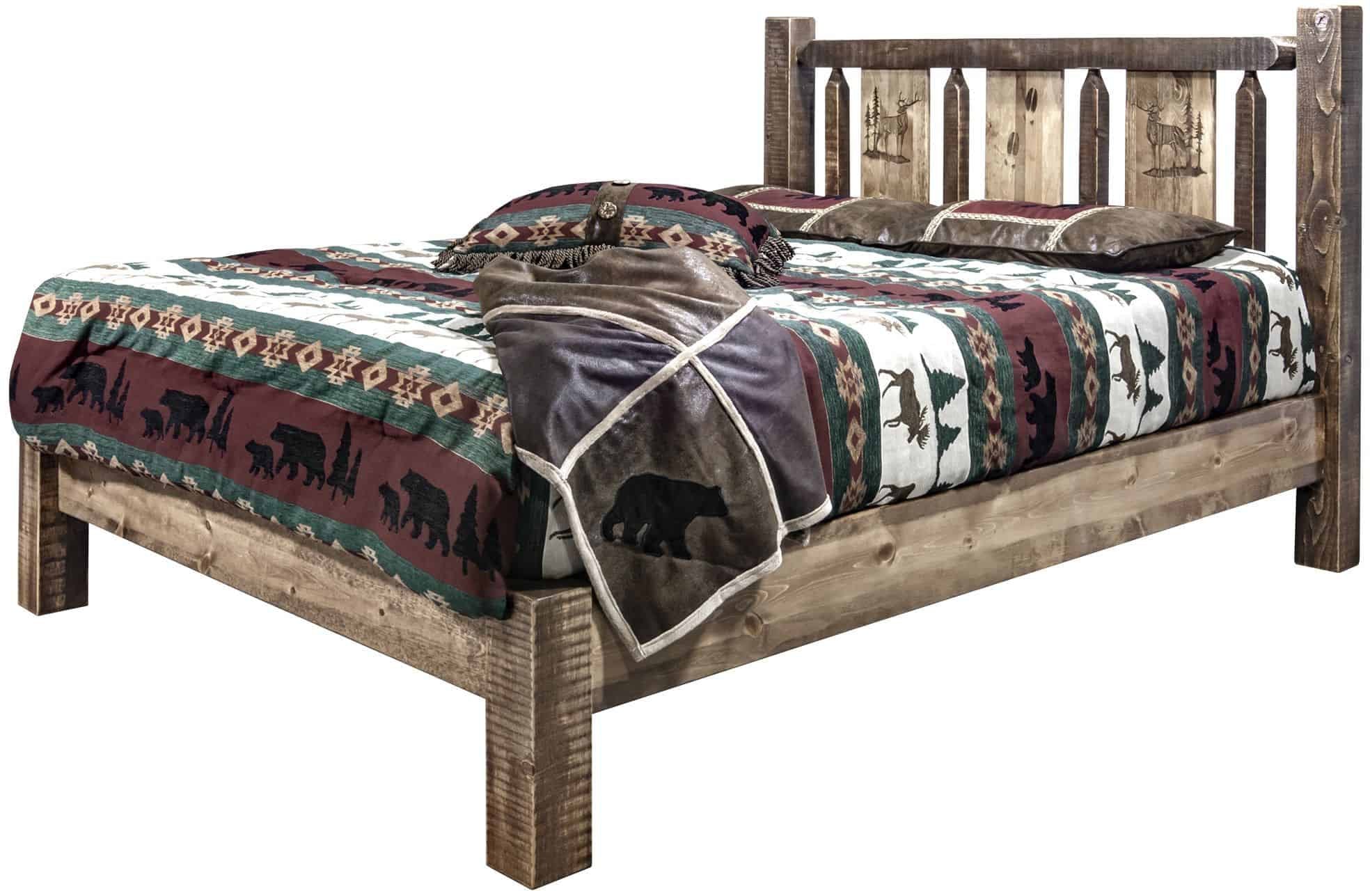 Montana Woodworks Homestead Collection King Platform Bed with Laser Engraved Design - Stain & Clear Lacquer Finish-Rustic Furniture Marketplace