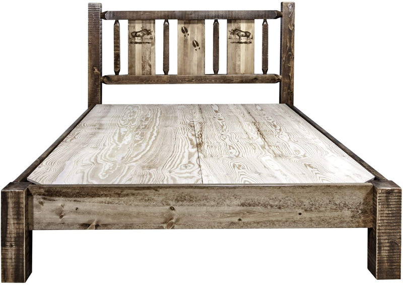 Montana Woodworks Homestead Collection King Platform Bed with Laser Engraved Design - Stain & Clear Lacquer Finish-Rustic Furniture Marketplace