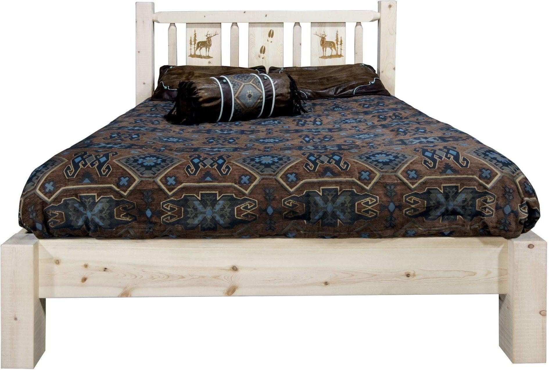 Montana Woodworks Homestead Collection Queen Platform Bed with Laser Engraved Design - Clear Lacquer Finish-Rustic Furniture Marketplace