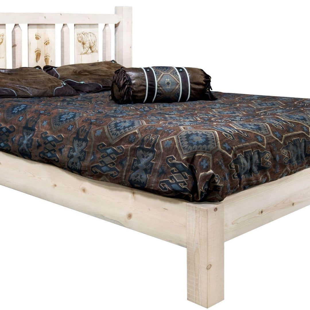 Montana Woodworks Homestead Collection Queen Platform Bed with Laser Engraved Design - Clear Lacquer Finish-Rustic Furniture Marketplace