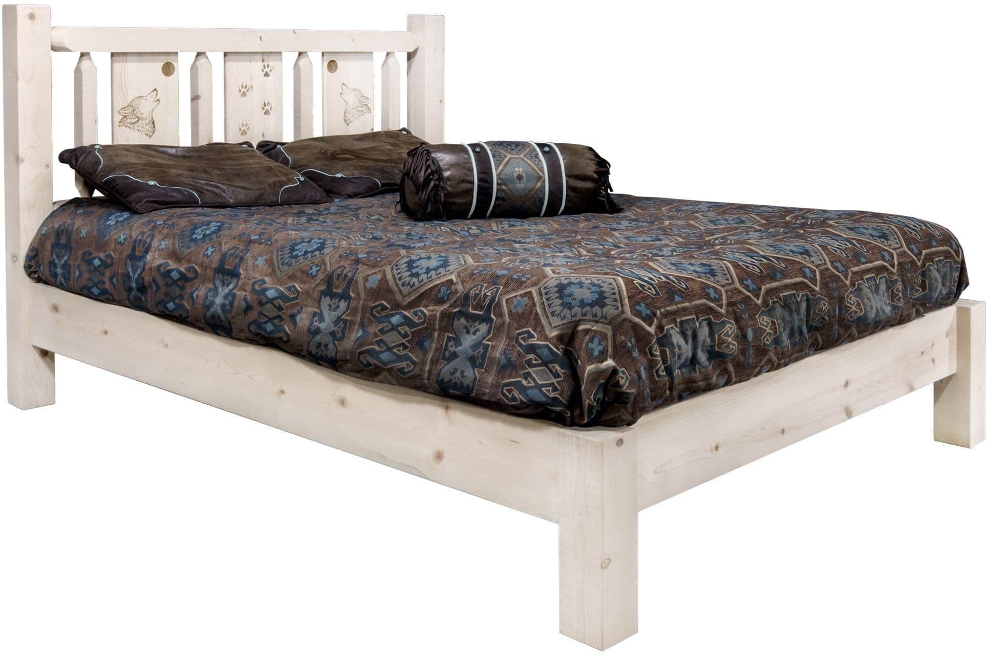 Montana Woodworks Homestead Collection Queen Platform Bed with Laser Engraved Design - Clear Lacquer Finish-Rustic Furniture Marketplace