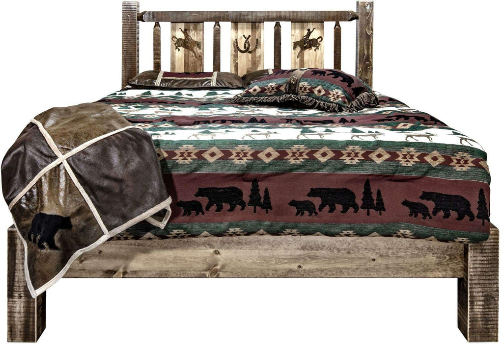 Montana Woodworks Homestead Collection Queen Platform Bed with Laser Engraved Design - Stain & Clear Lacquer Finish-Rustic Furniture Marketplace