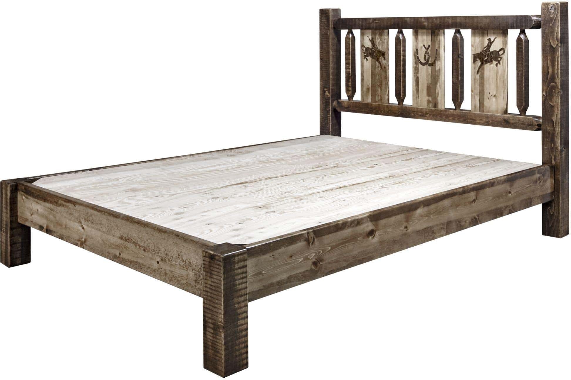 Montana Woodworks Homestead Collection Queen Platform Bed with Laser Engraved Design - Stain & Clear Lacquer Finish-Rustic Furniture Marketplace