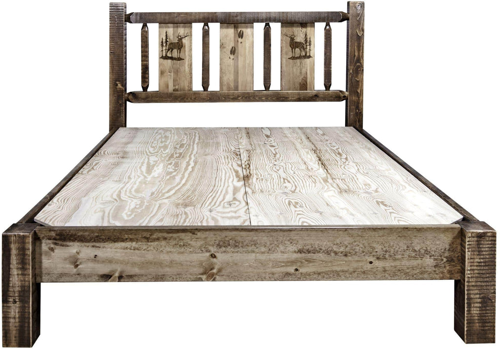 Montana Woodworks Homestead Collection Queen Platform Bed with Laser Engraved Design - Stain & Clear Lacquer Finish-Rustic Furniture Marketplace