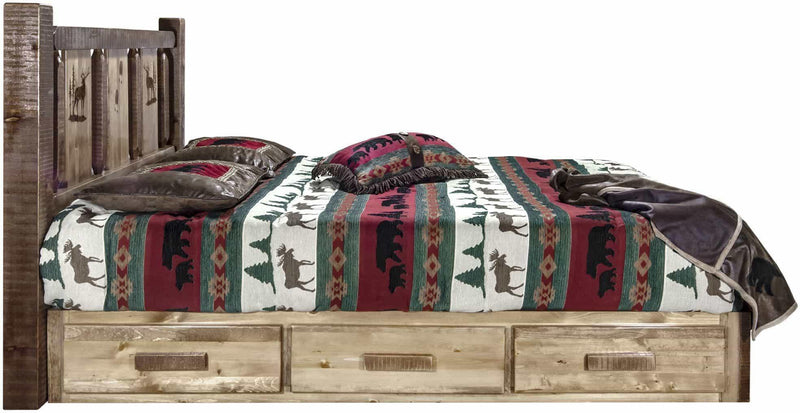 Montana Woodworks Homestead Collection Queen Storage Platform Bed with Laser Engraved Design - Stain & Clear Lacquer Finish-Rustic Furniture Marketplace