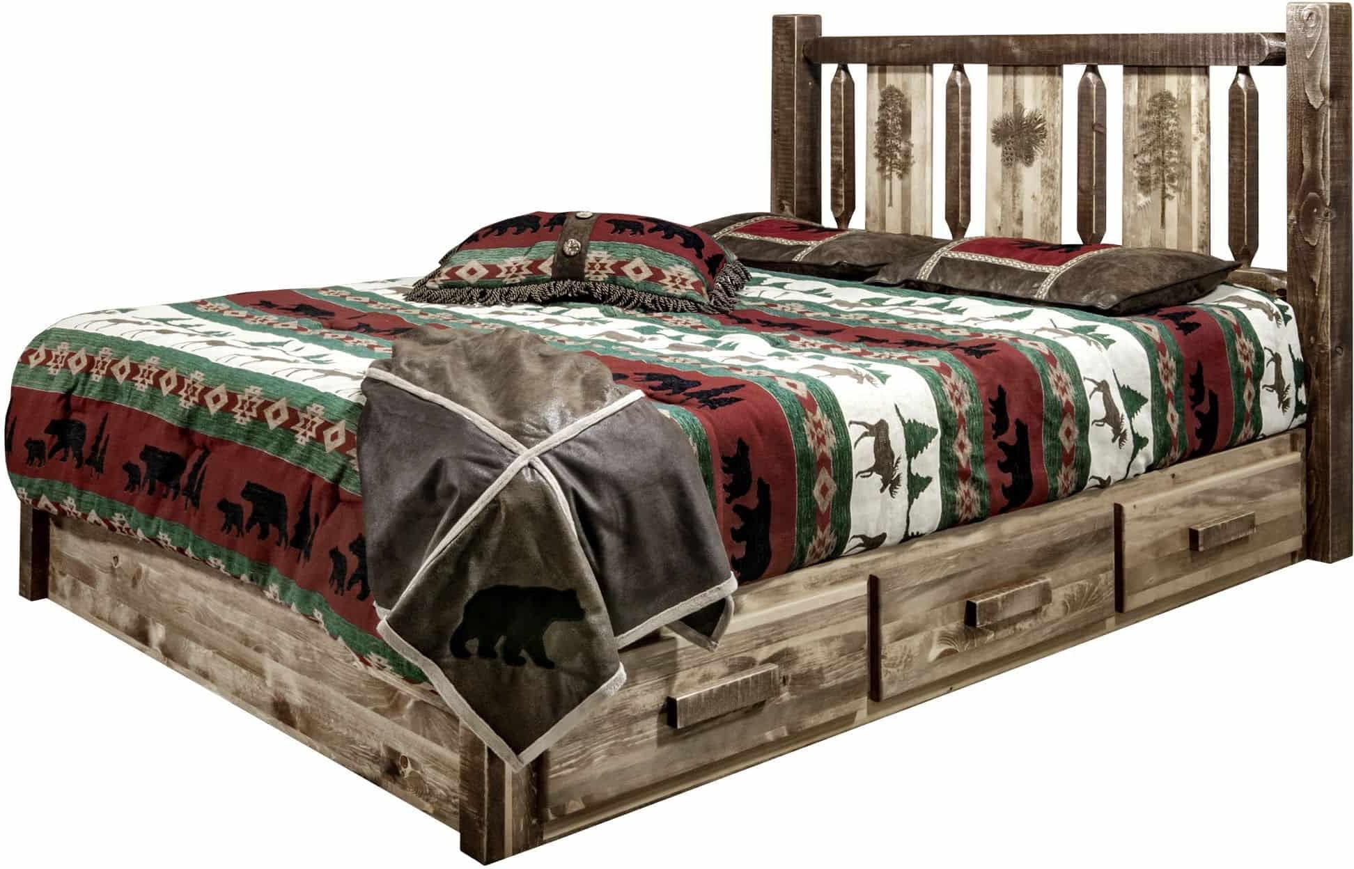 Montana Woodworks Homestead Collection Queen Storage Platform Bed with Laser Engraved Design - Stain & Clear Lacquer Finish-Rustic Furniture Marketplace
