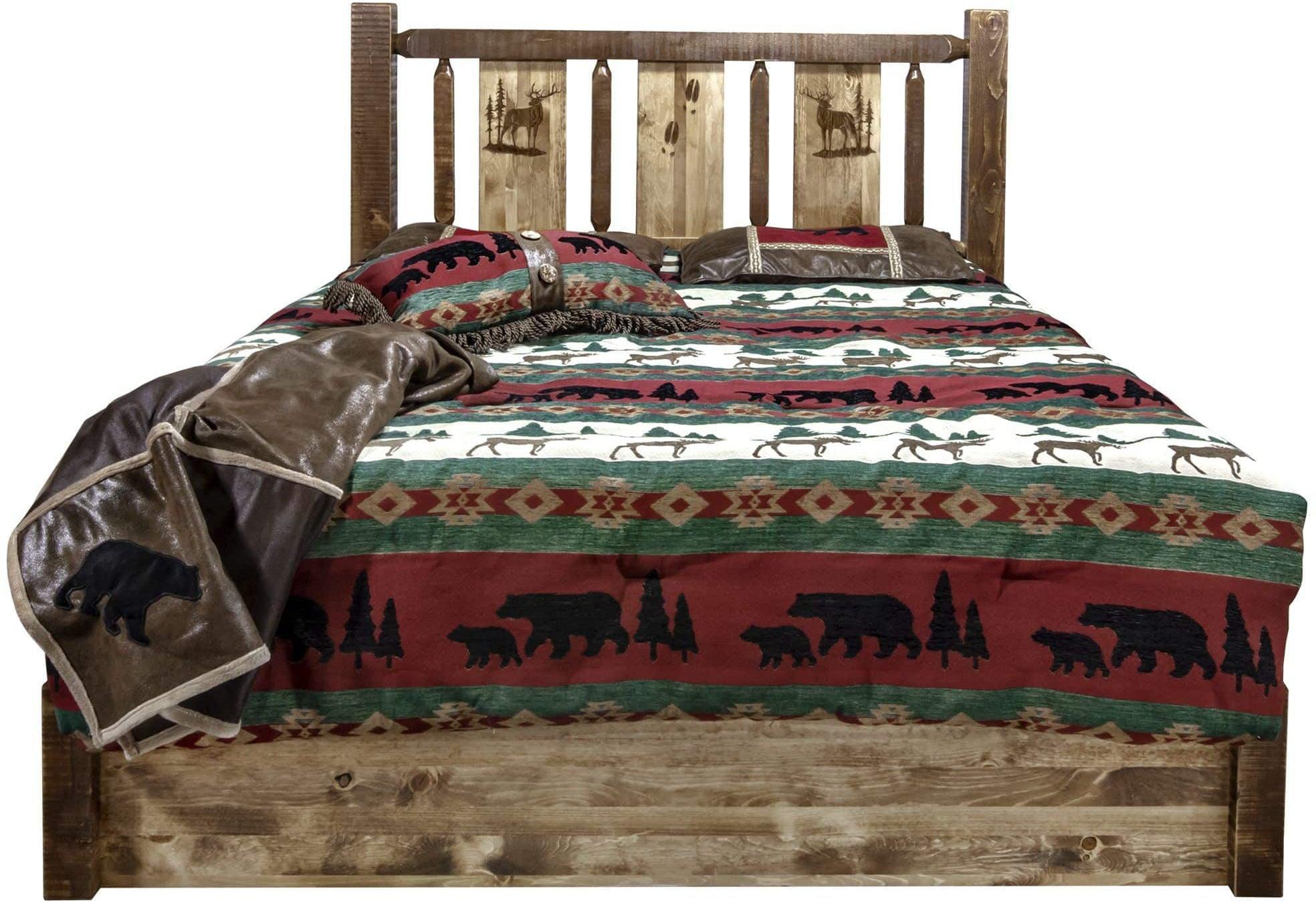 Montana Woodworks Homestead Collection Queen Storage Platform Bed with Laser Engraved Design - Stain & Clear Lacquer Finish-Rustic Furniture Marketplace
