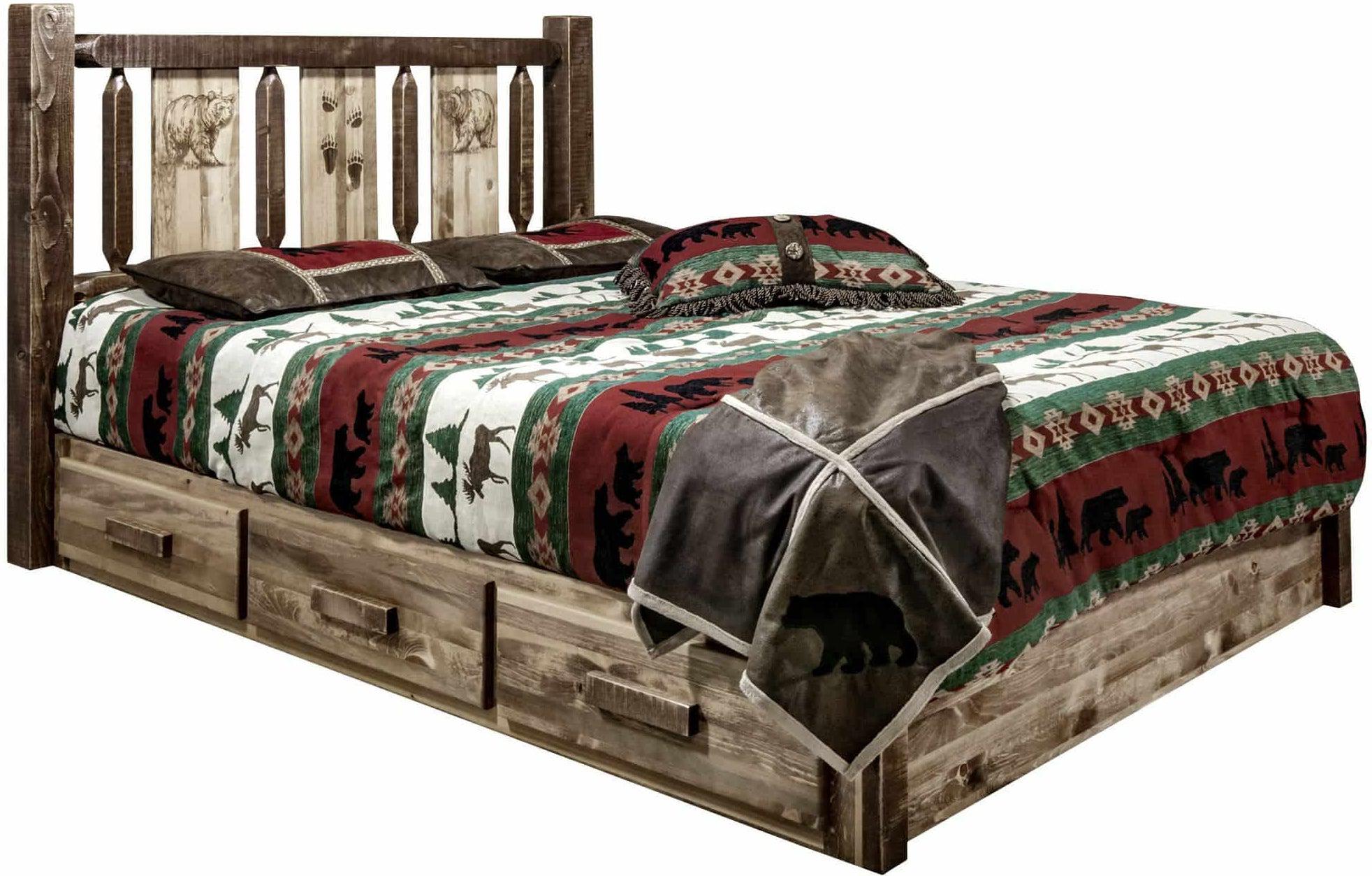 Montana Woodworks Homestead Collection Queen Storage Platform Bed with Laser Engraved Design - Stain & Clear Lacquer Finish-Rustic Furniture Marketplace